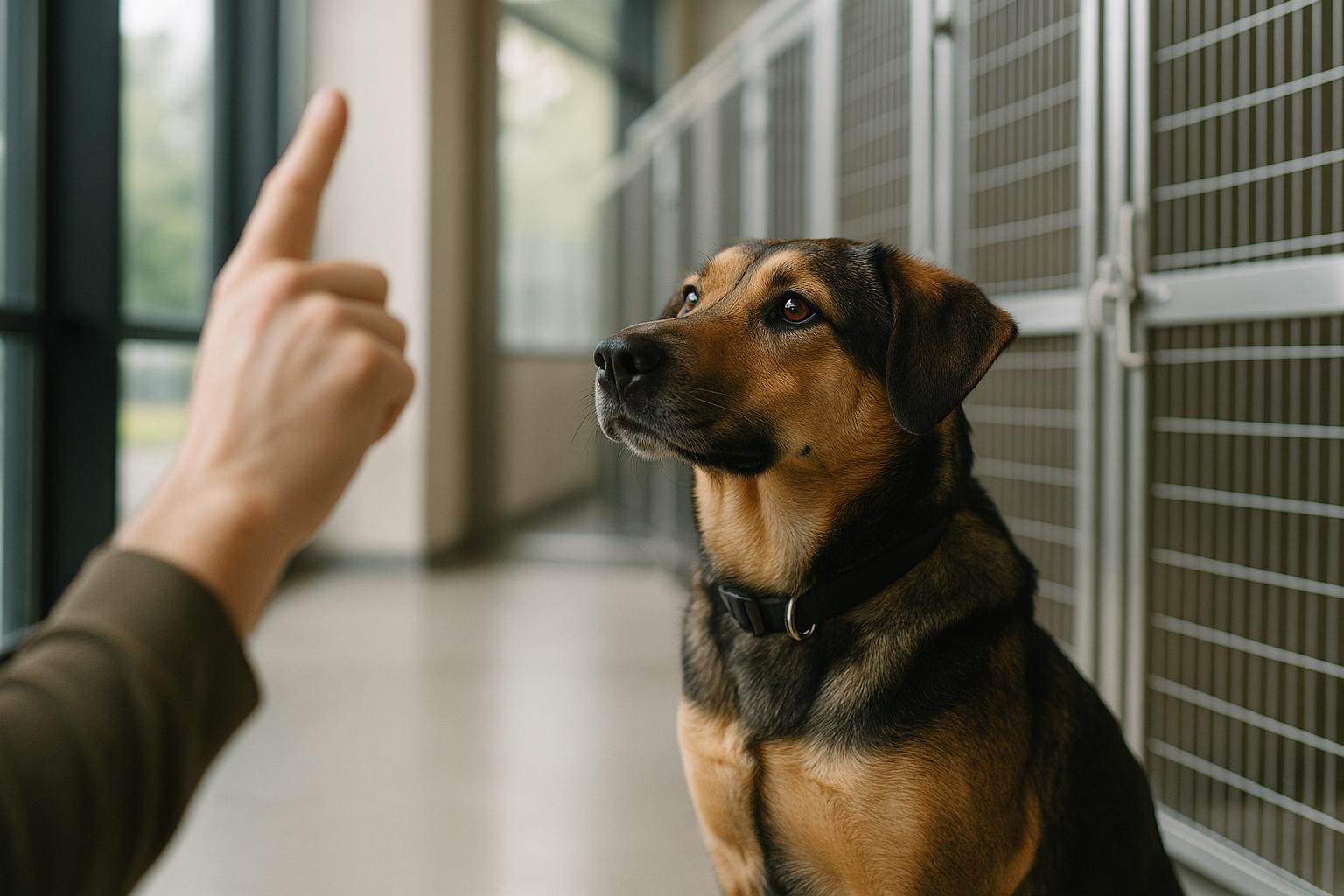 Mixed-breed dog receiving training inside a modern boarding facility in Siloam Springs, Arkansas