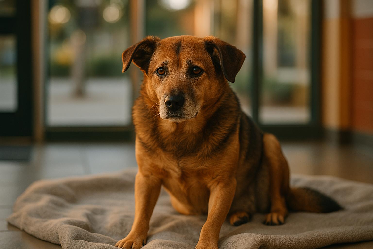 Dusty, a nine-year-old shelter dog, sitting on a blanket in a shelter lobby with warm window light