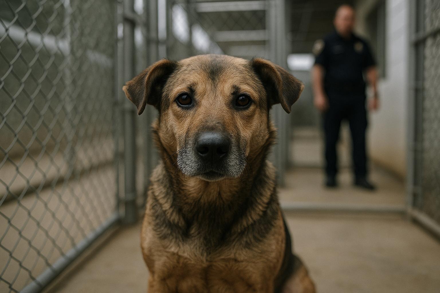 A mixed-breed dog in a shelter kennel with an animal control officer in the background