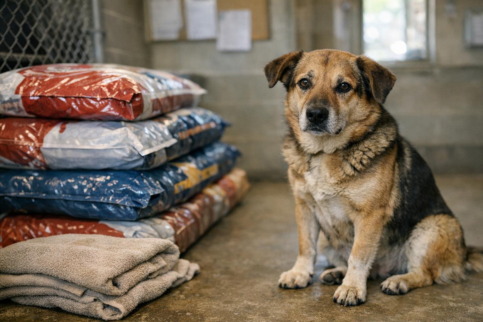Shelter dog sitting beside donated bags of dog food and a folded towel at a shelter intake area