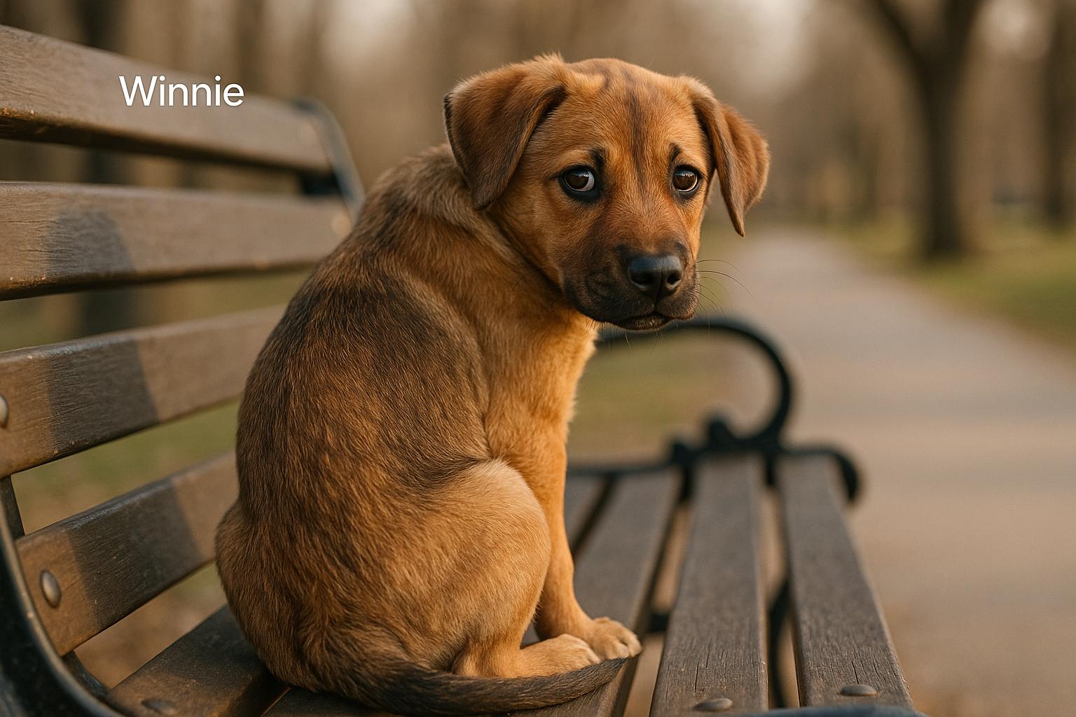 Winnie, a 6-month-old shelter puppy, sitting on a park bench in Joplin and looking back over her shoulder.