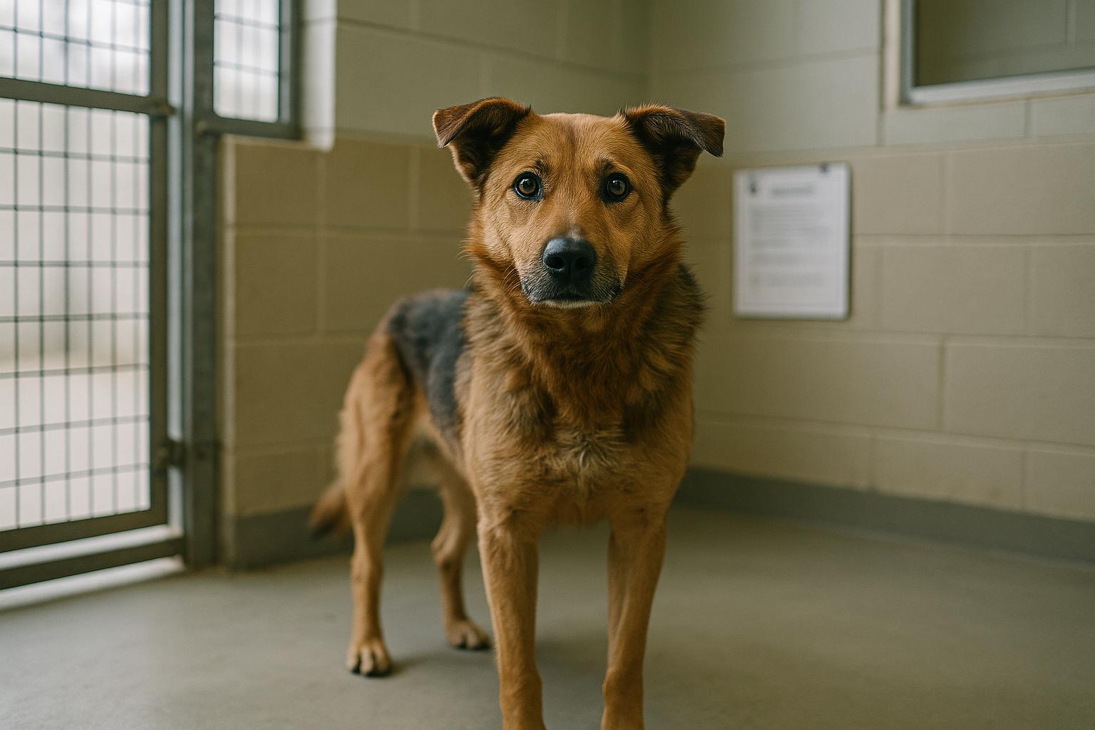 A medium-sized mixed-breed dog in a shelter kennel under soft natural light, looking toward the camera.