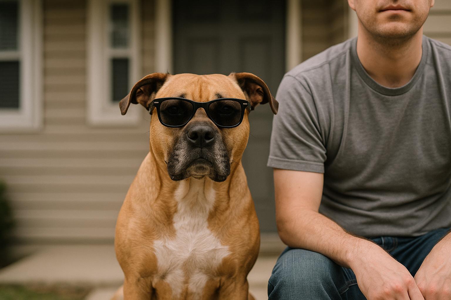 A boxer pit bull mix wearing sunglasses sits next to its owner on a front porch, calm and relaxed.