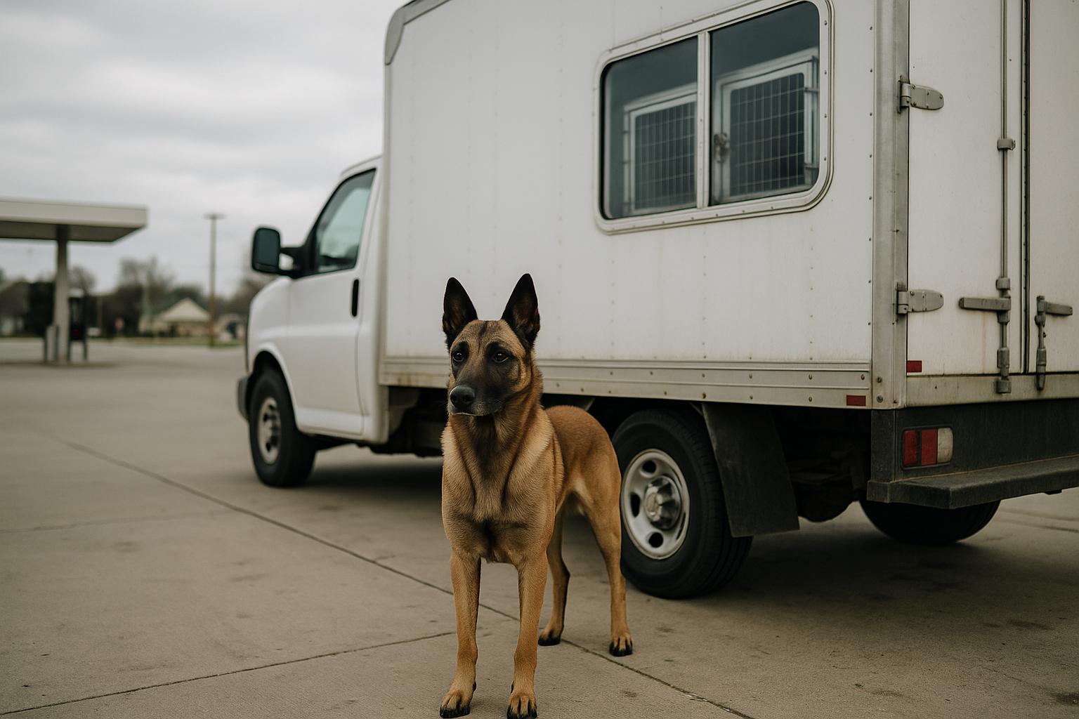 Belgian Malinois standing near a parked box truck at a gas station, neutral expression, overcast light.