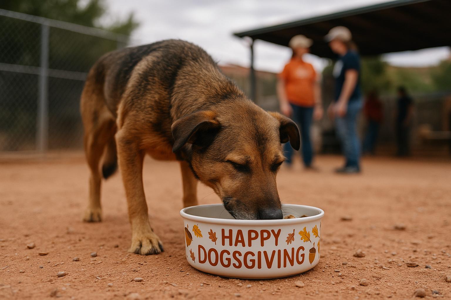 Adoptable mixed-breed dog eating from a bowl during Dogsgiving at Best Friends Animal Sanctuary in Kanab