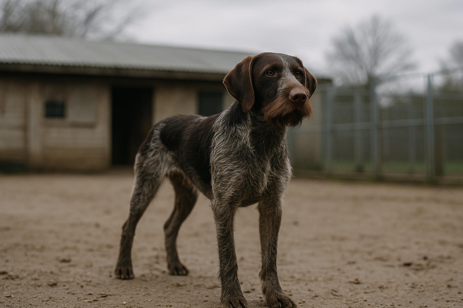A German wirehaired pointer standing in a kennel yard with a fence and kennel building in the background, overcast sky and soft light.