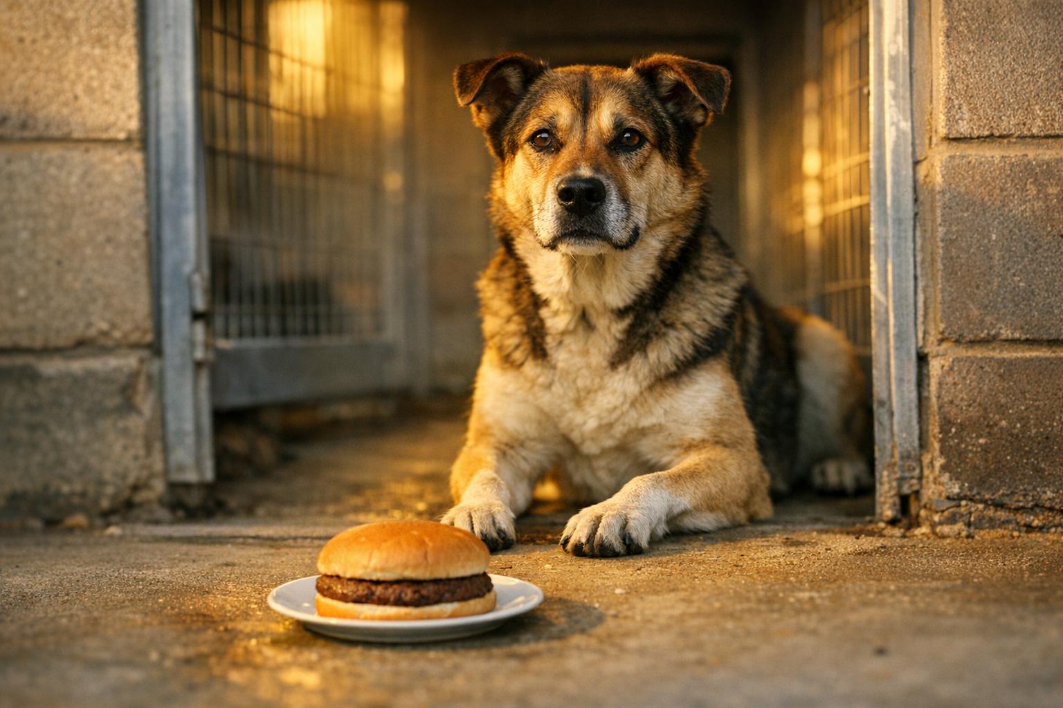 Shelter dog in a kennel presented with a hamburger on a small plate during a holiday meal delivery at KC Pet Project