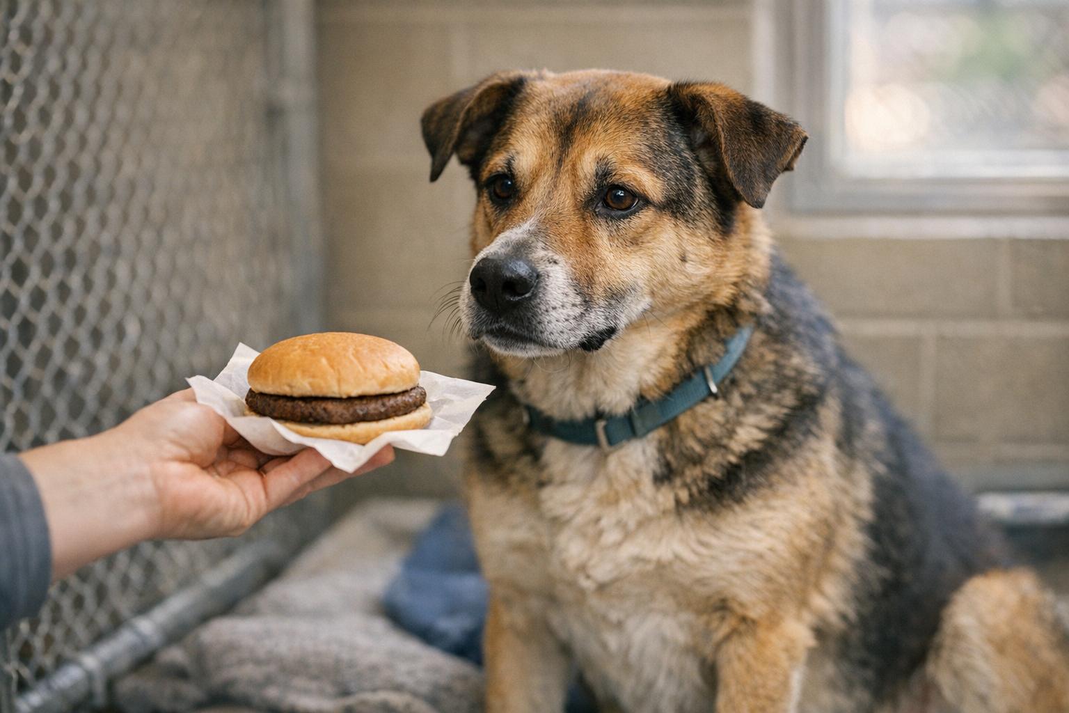 Mixed-breed shelter dog at KC Pet Project receiving a plain hamburger from a volunteer