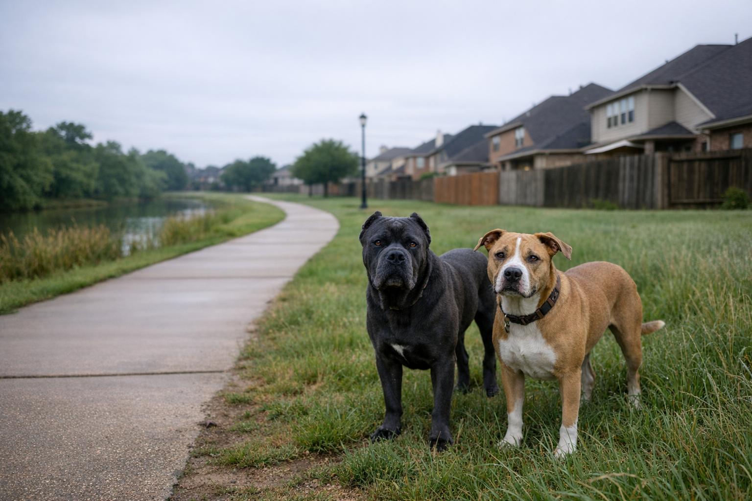 Two dogs — a Cane Corso and a pit bull mix — standing near a suburban walking trail in a Katy-area neighborhood under soft overcast light