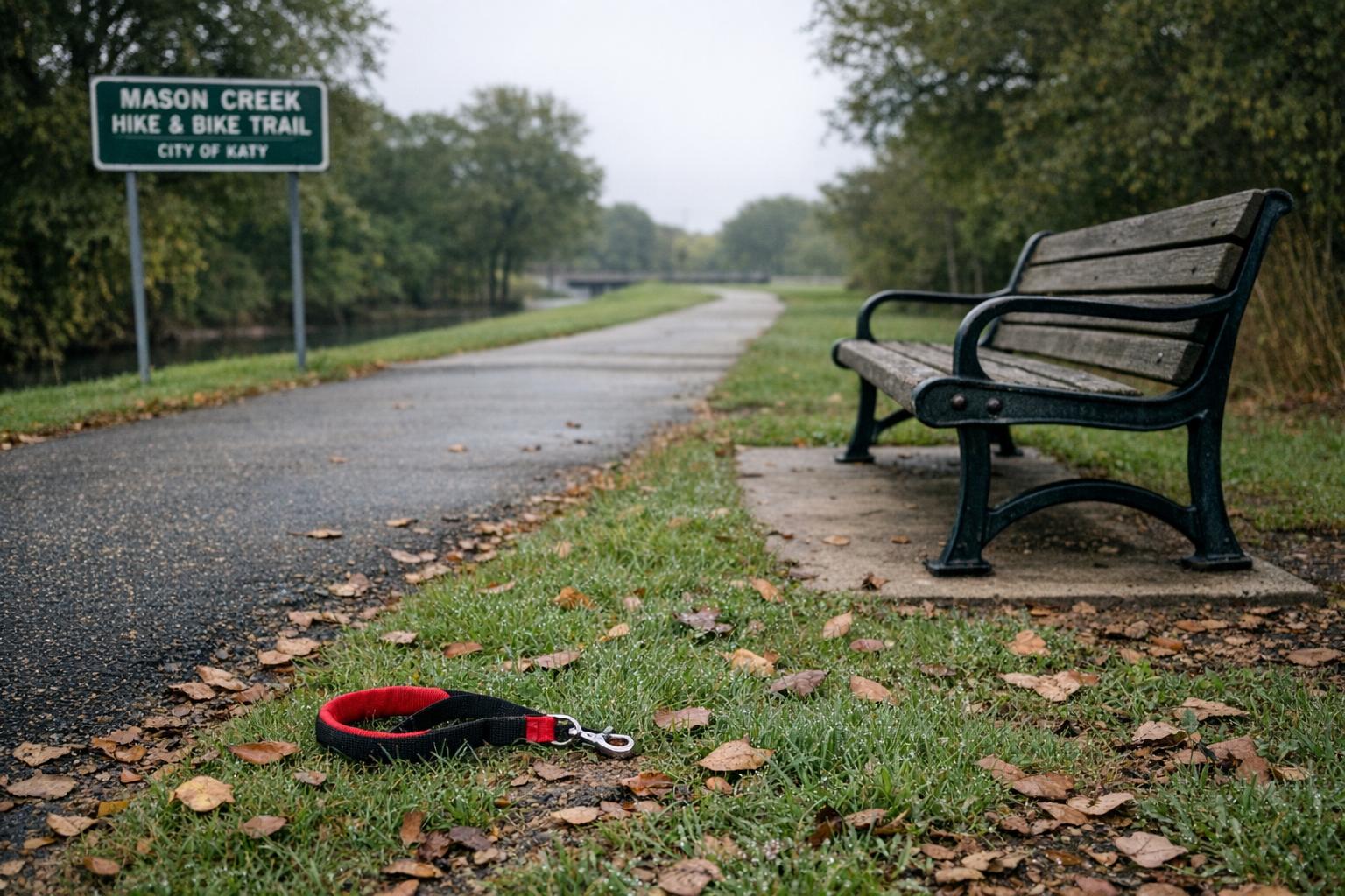 Mason Creek Hike and Bike Trail in Katy, Texas, with a park bench and a discarded leash in soft morning light.