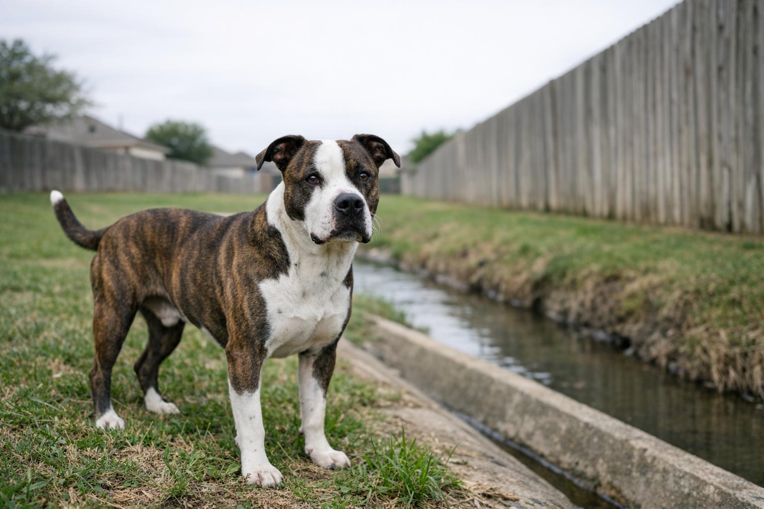 A pitbull mix standing calmly in a suburban backyard near a drainage ditch, soft overcast light.