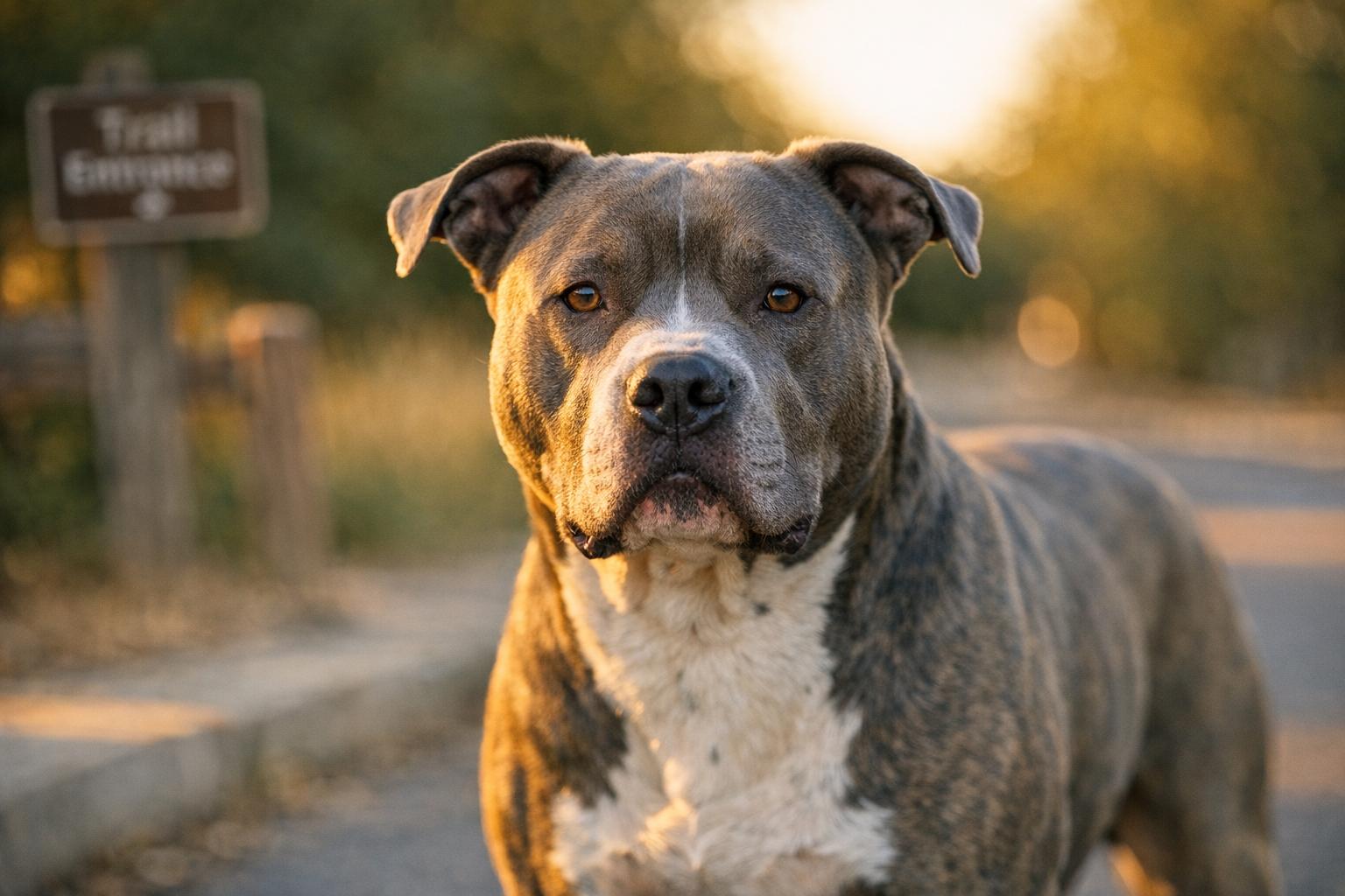A pit bull standing near the entrance to a suburban hike-and-bike trail at golden hour