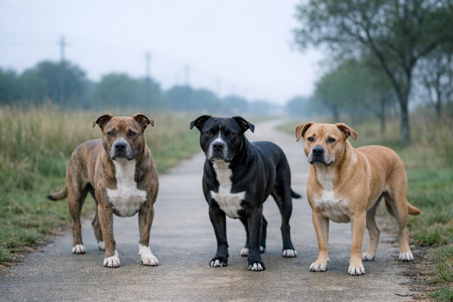 Three calm pit bull mixes standing on a suburban trail near Katy, Texas, in soft morning light