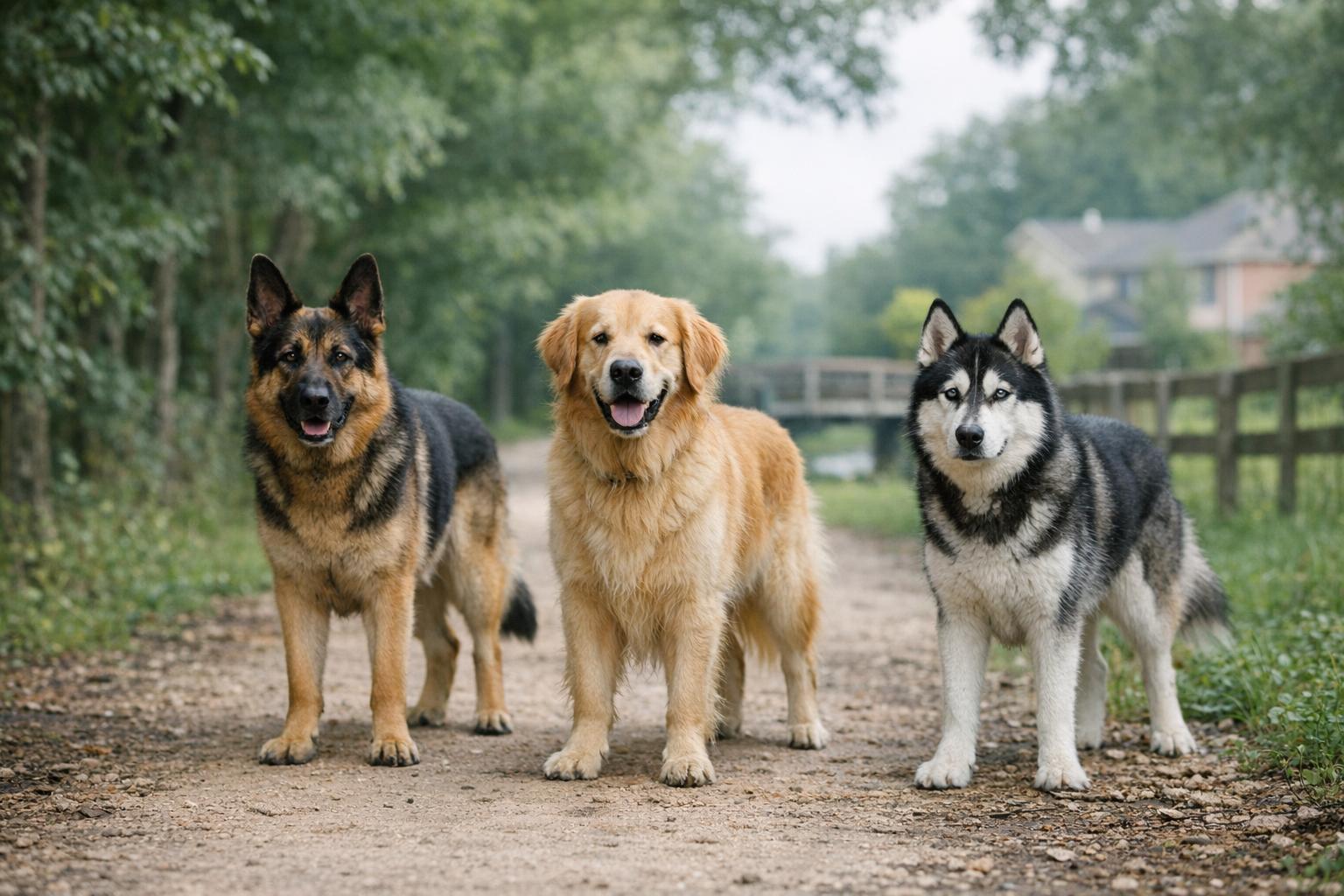 Three large dogs standing on a shaded section of the Mason Creek hiking trail in Katy, Texas, calm and alert, with suburban greenery in the background.
