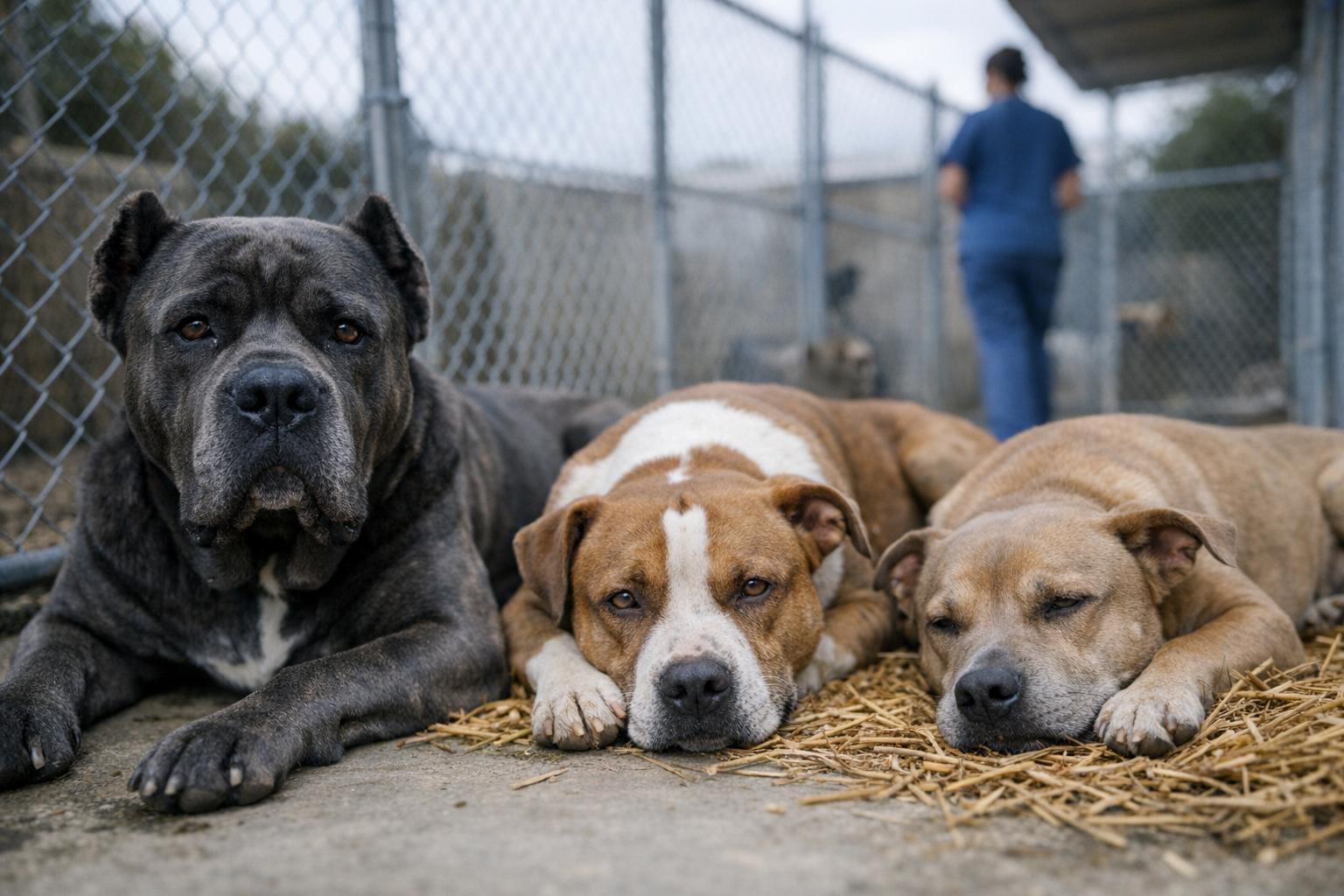 Three dogs — a Cane Corso and two pit bull mixes — resting in a shelter pen under soft overcast light