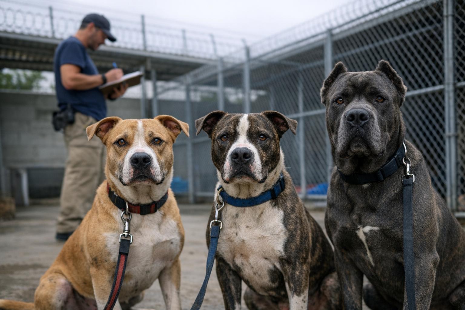Two pit bull-mix dogs and a Cane Corso in a shelter intake area, leashed and calm, photographed in soft overcast light