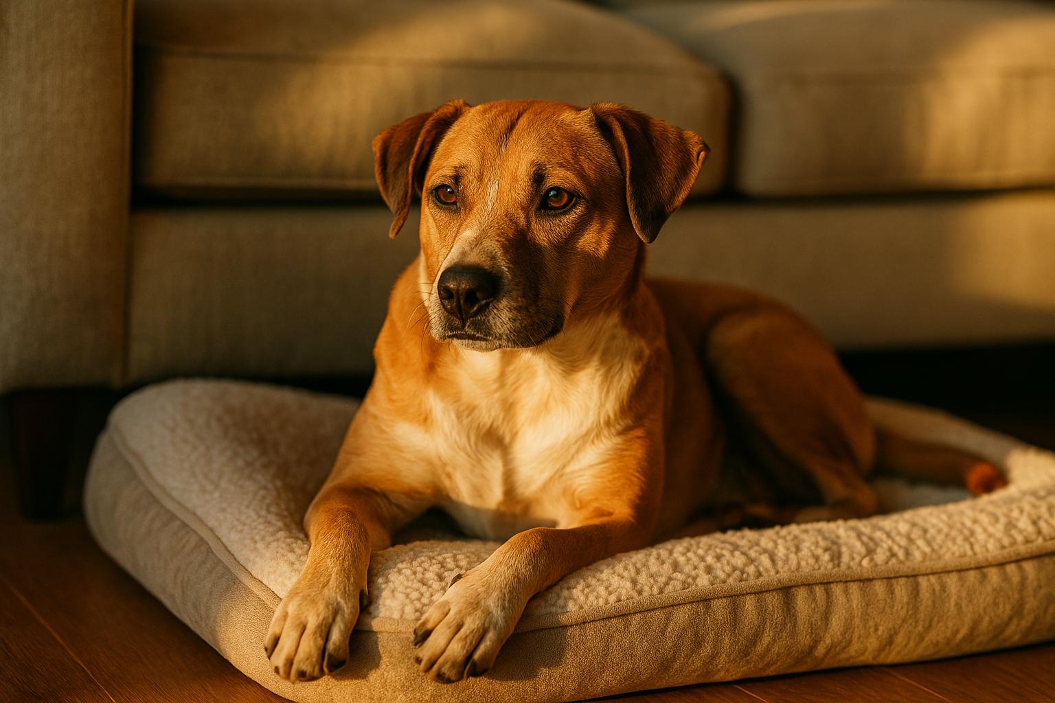 Mixed-breed dog resting on a dog bed beside a sofa