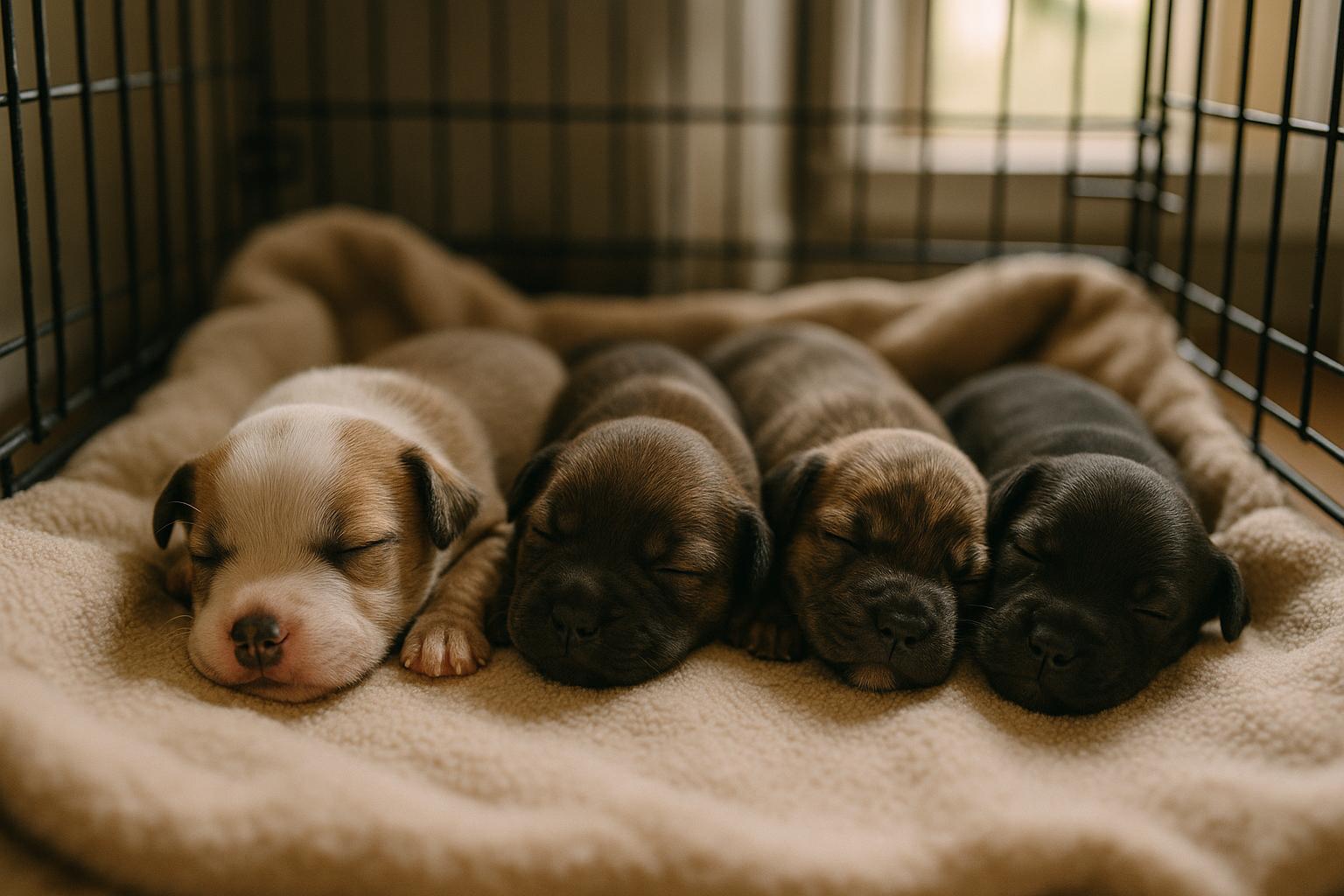 A litter of five-day-old puppies resting on a blanket in a foster home crate, being cared for after rescue