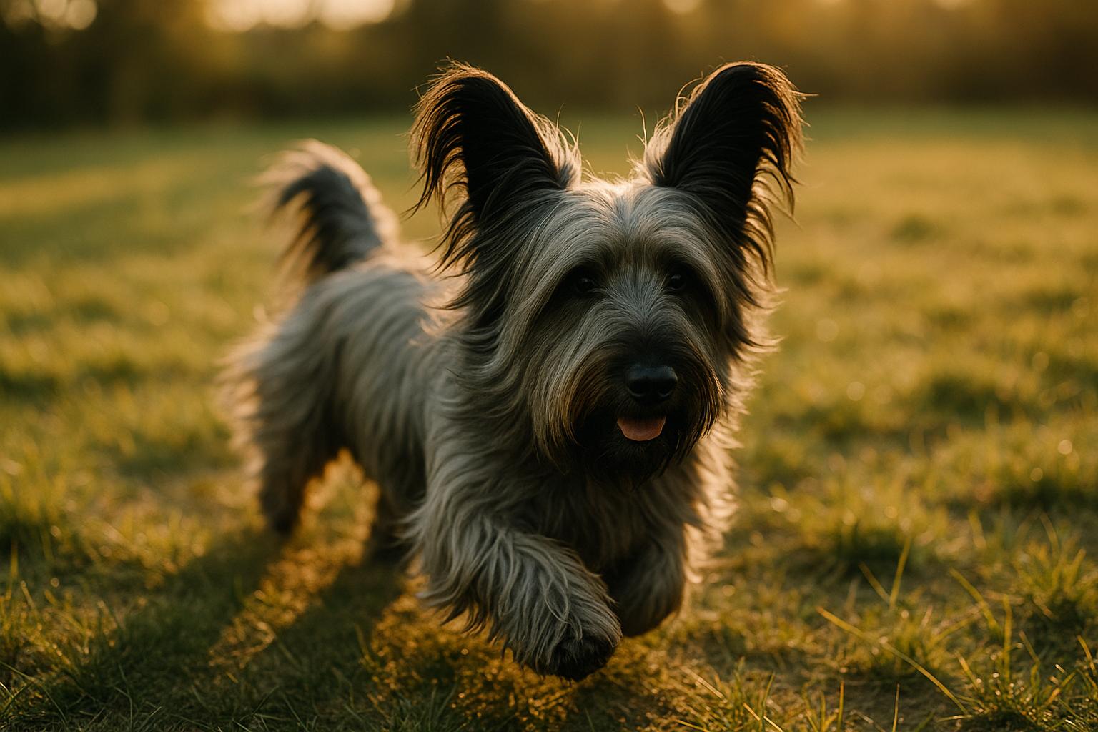 Kelsie, a Skye Terrier, running across a grassy field with her long coat flowing and low-set ears visible