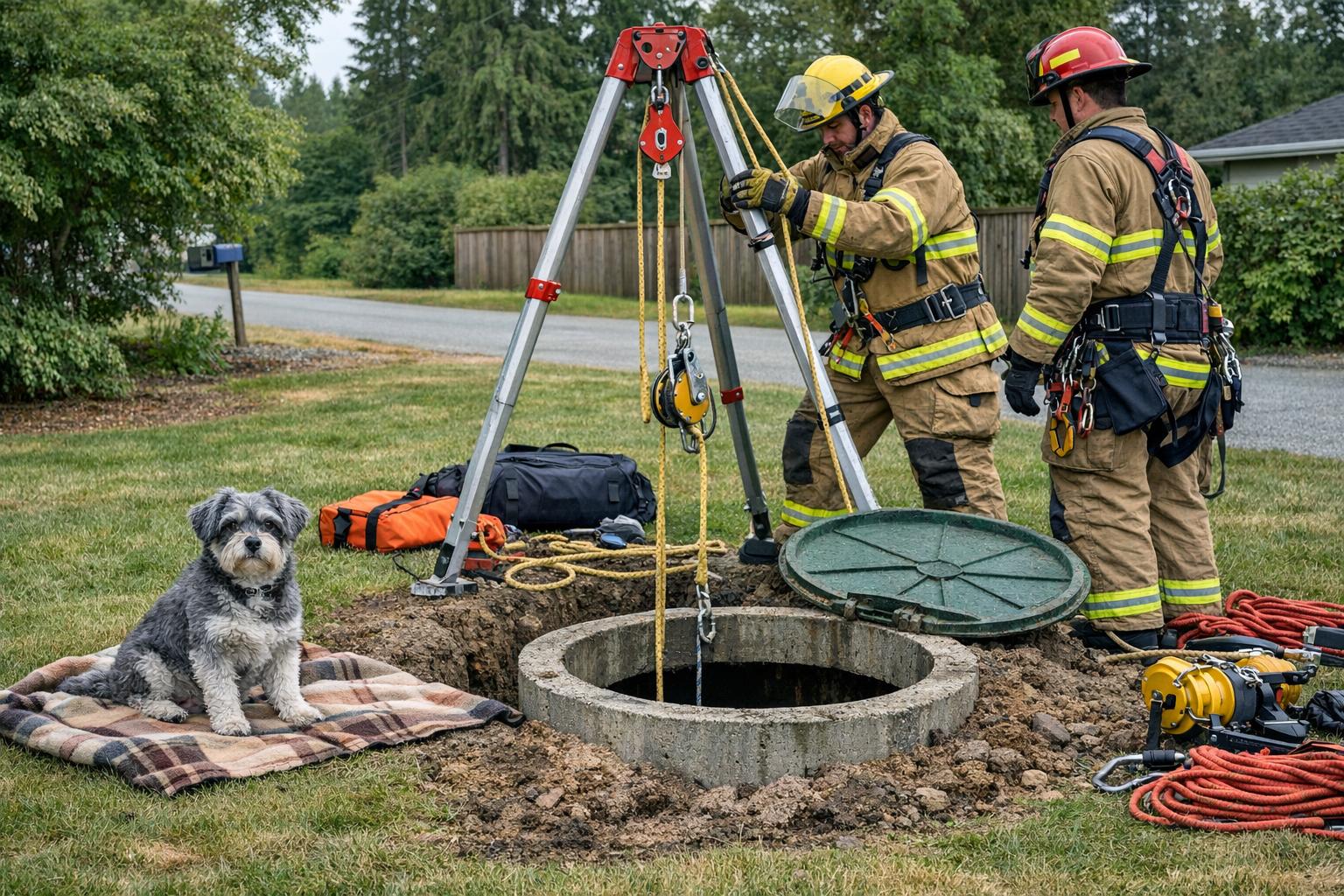 Small gray and white dog sitting on a blanket next to an open septic tank with firefighters and a pulley system visible at the edge of the hole.