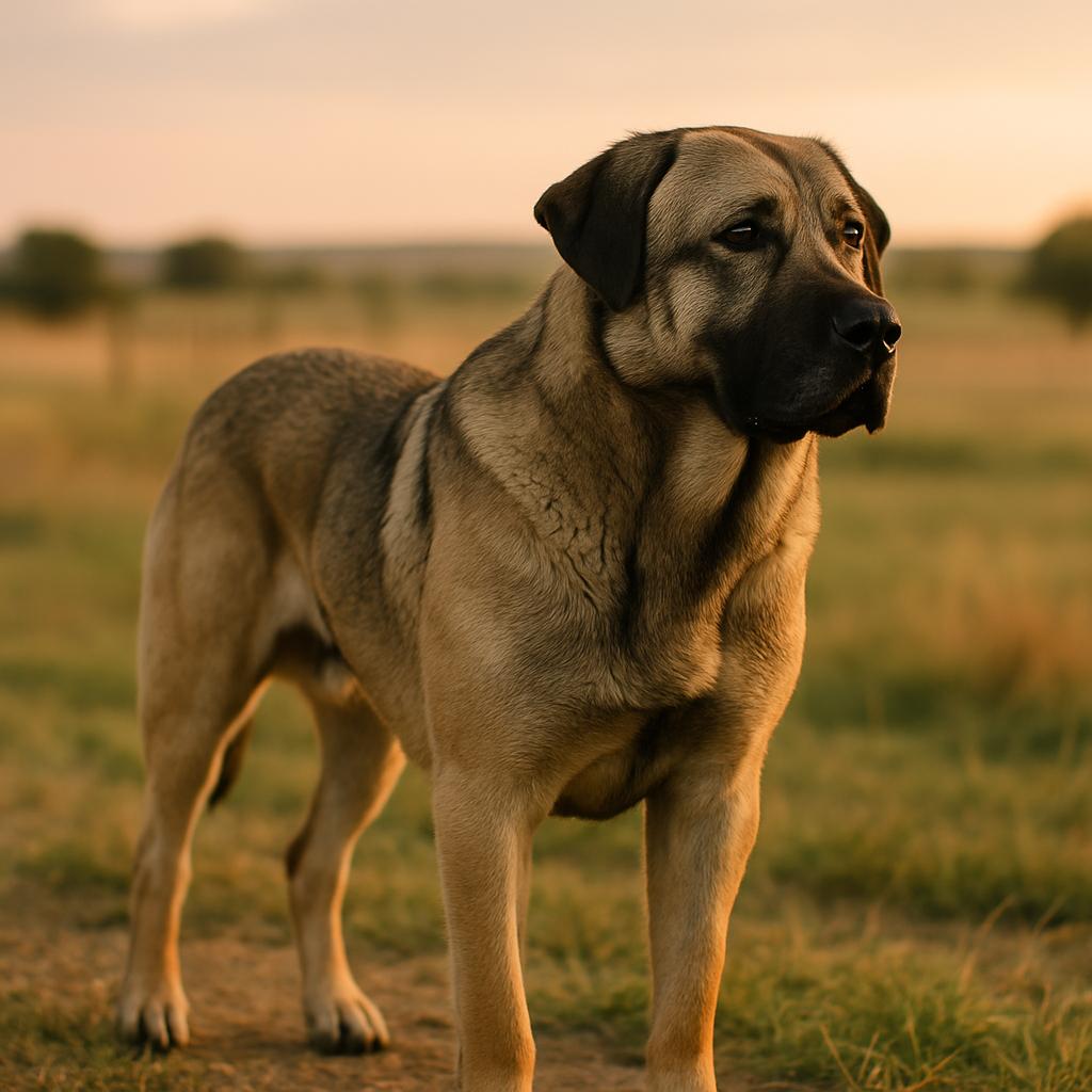 A protection dog standing alert on a rural ranch during golden hour, shallow depth of field, photorealistic.