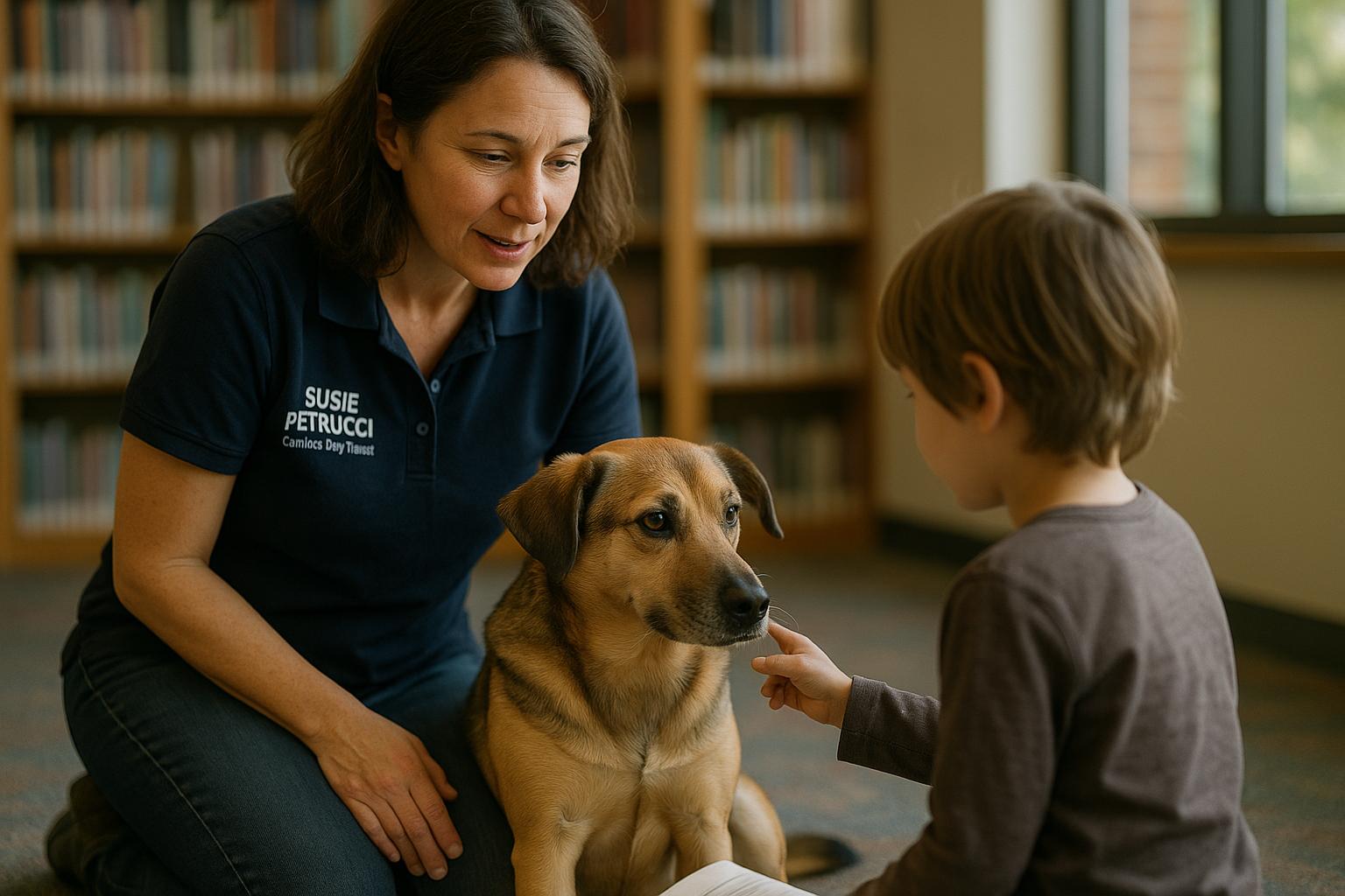 Trainer Susie Petrucci guiding a child in reading the body language of a calm mixed-breed dog in a library community room