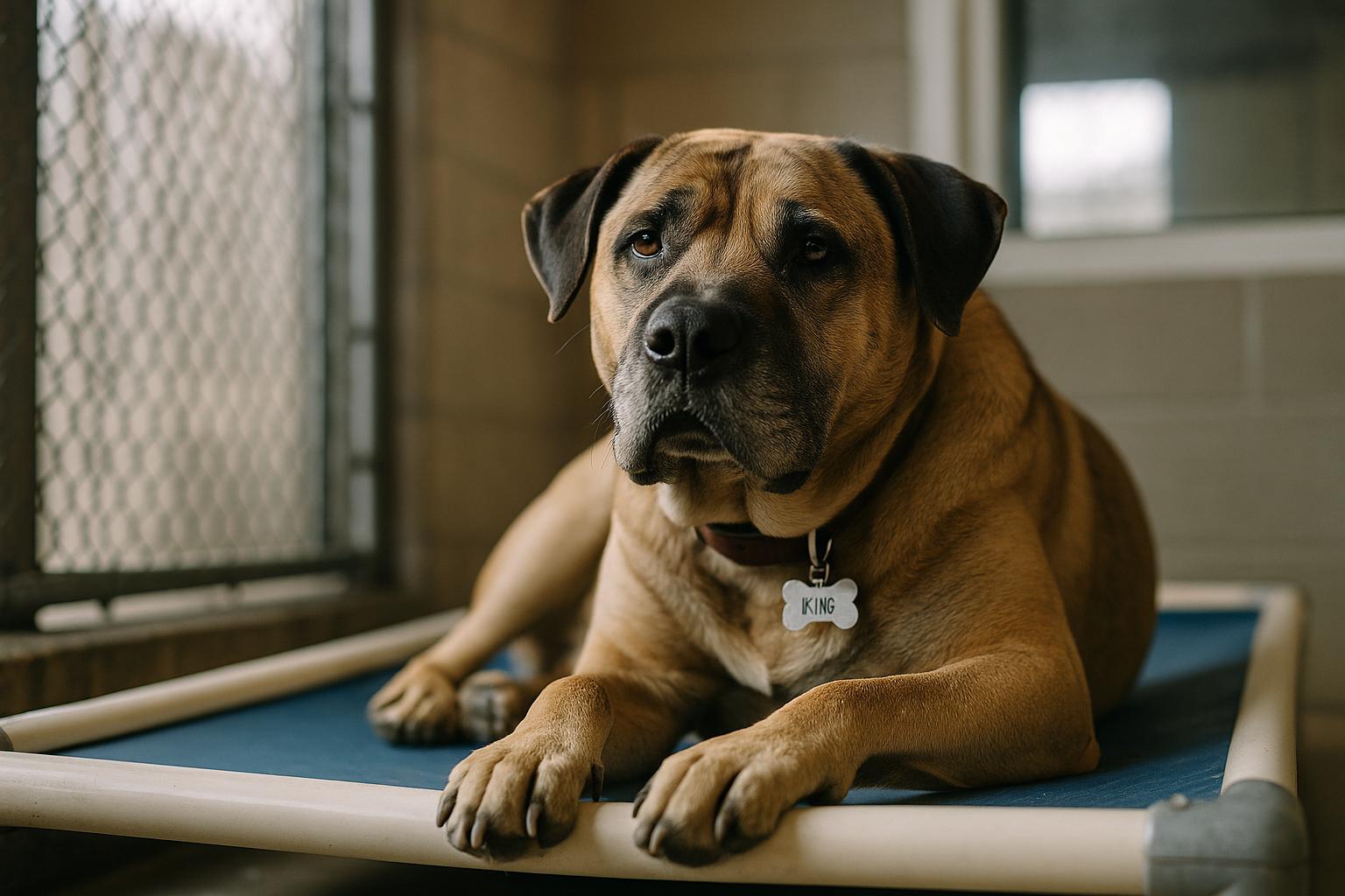 King, a large friendly dog with a broad head, resting on a bed inside a shelter kennel at CNY SPCA in Syracuse