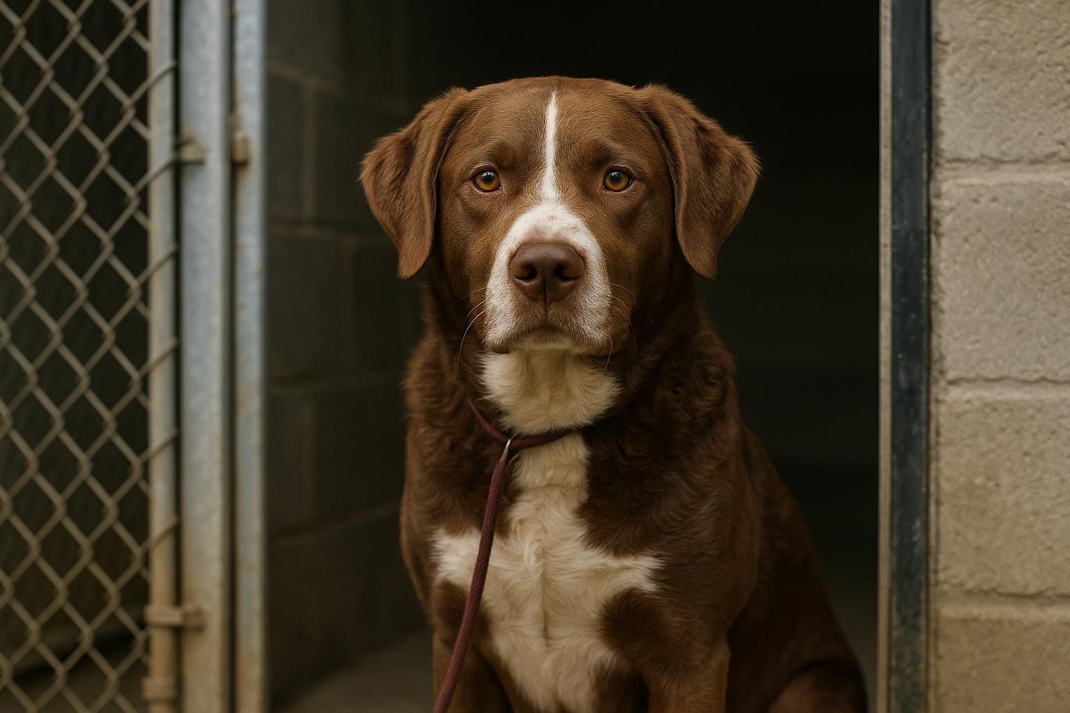 King, a calm brown-and-white Labrador Retriever mix, standing calmly in a shelter kennel doorway