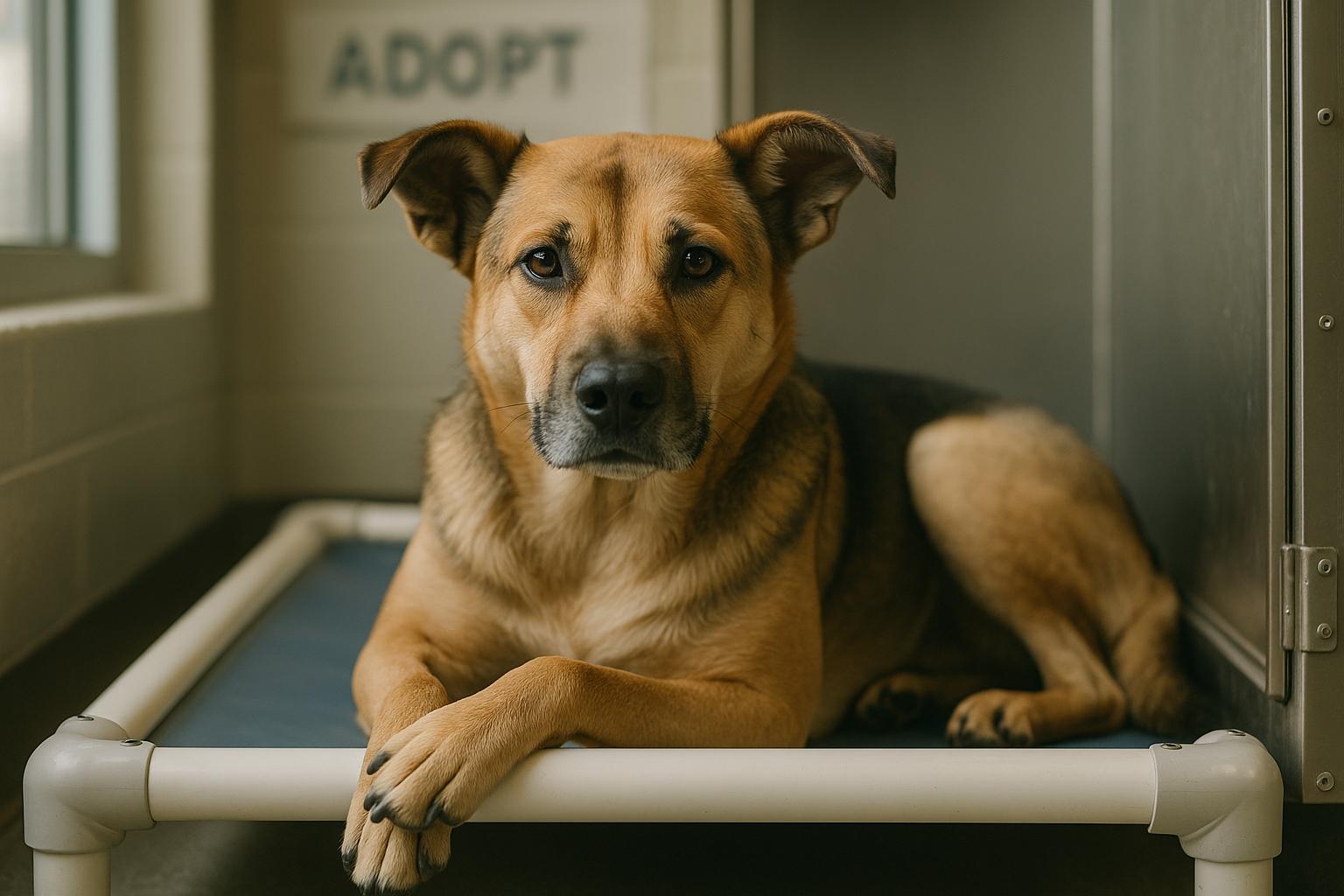 Mixed-breed dog resting on a kennel bed in a clean shelter clinic, natural window light