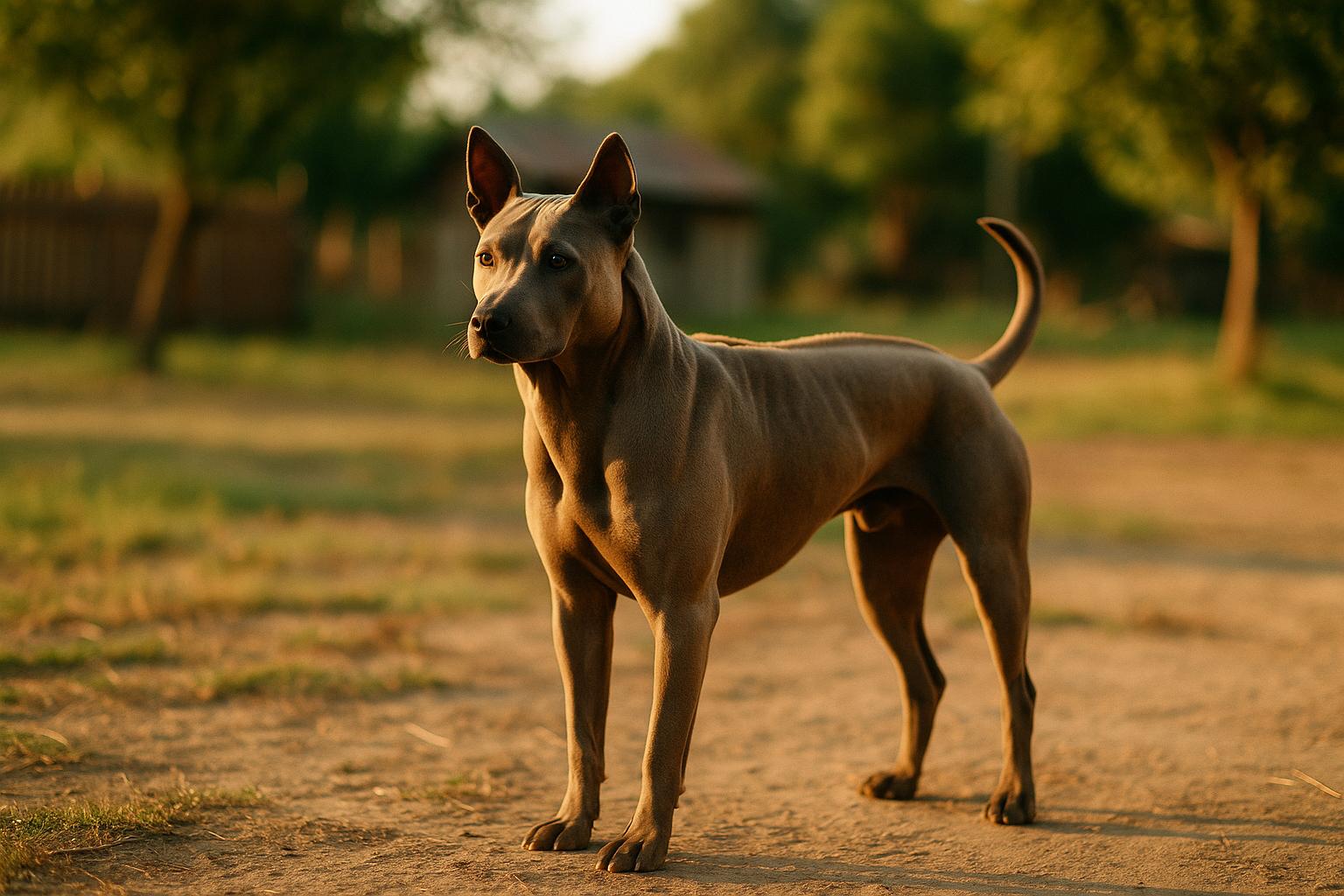 Thai Ridgeback standing in a sunlit yard showing the distinctive ridge of hair along its spine