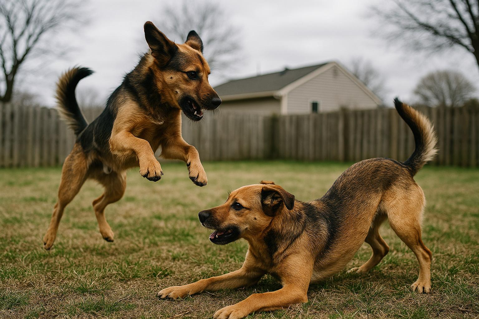 Two mixed-breed dogs in a backyard mid-play, one in a play bow and the other leaping, captured in soft daylight