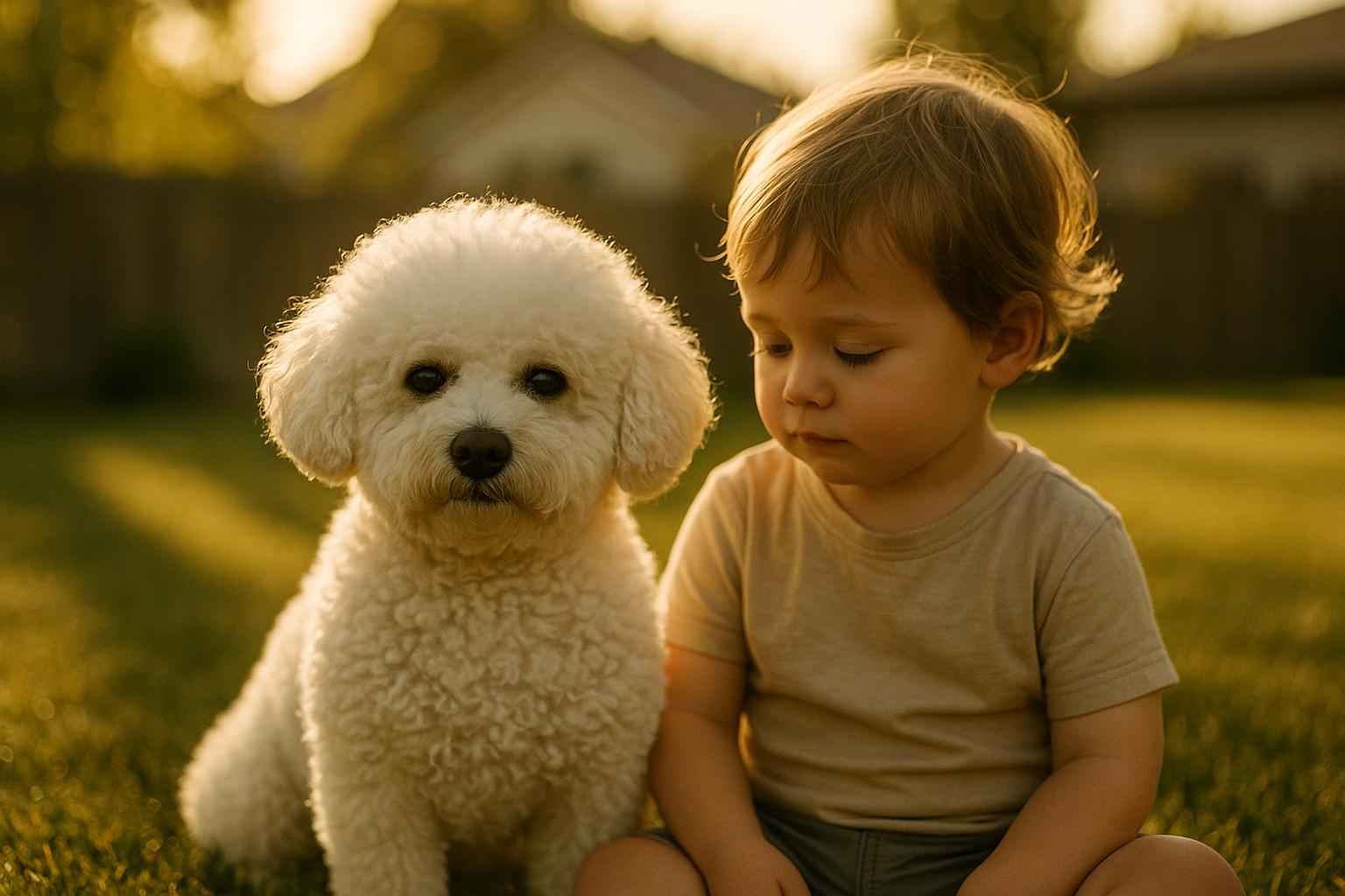Bichon Frisé sitting calmly beside a child in a sunny backyard