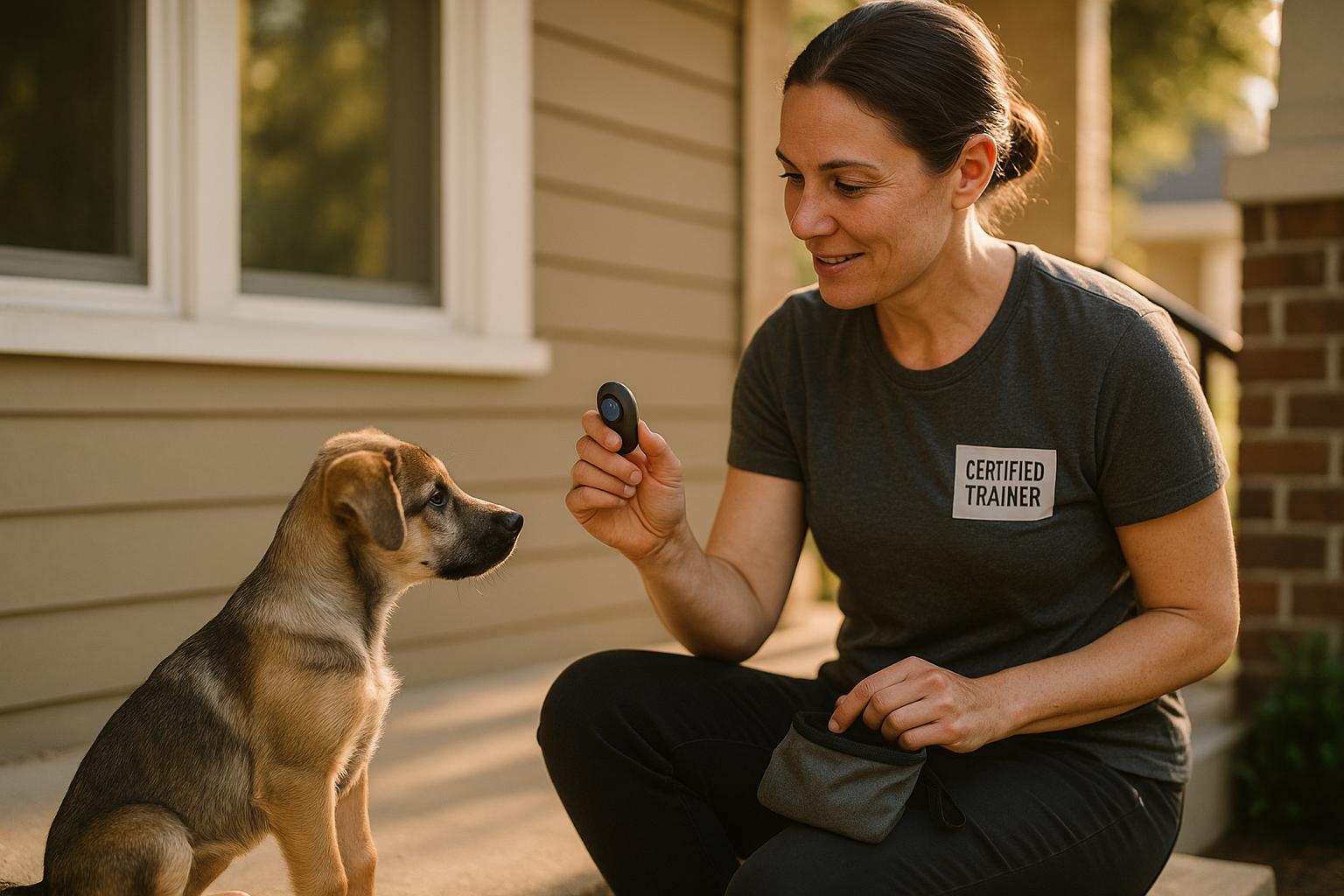 Trainer demonstrating basic clicker training with a young puppy on a front porch in golden hour light
