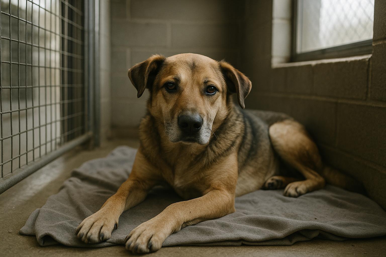 A mixed-breed shelter dog resting calmly in a kennel at an animal center