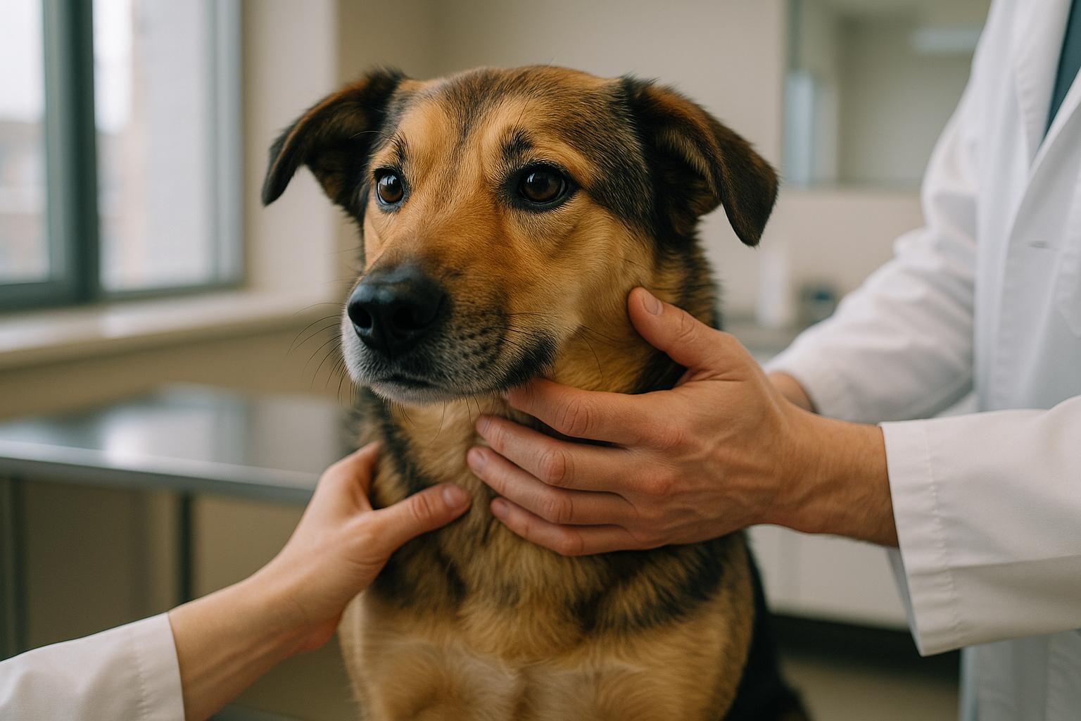 Veterinary examination of a healthy dog in a clinic, close-up showing fur and skin texture