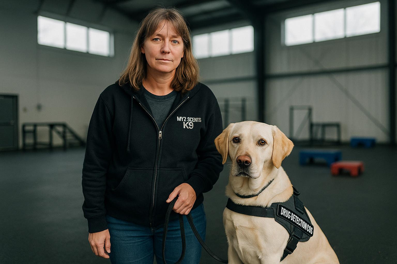 Kristi Bridgman with trained drug-detection dog Clover inside the My 2 Scents K9 training center.