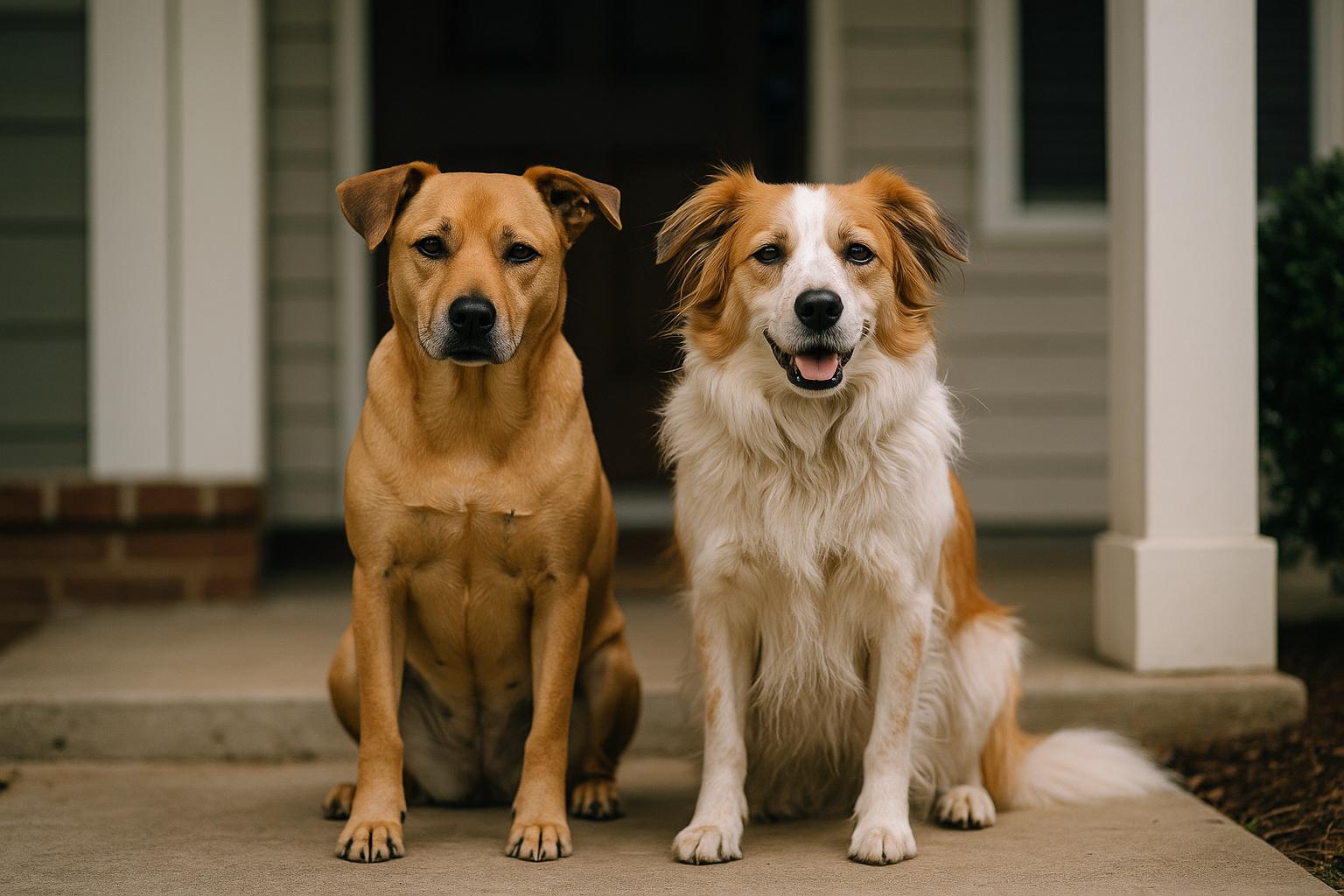 Two dogs named Abby and Annie sitting together on a suburban front porch in soft overcast light