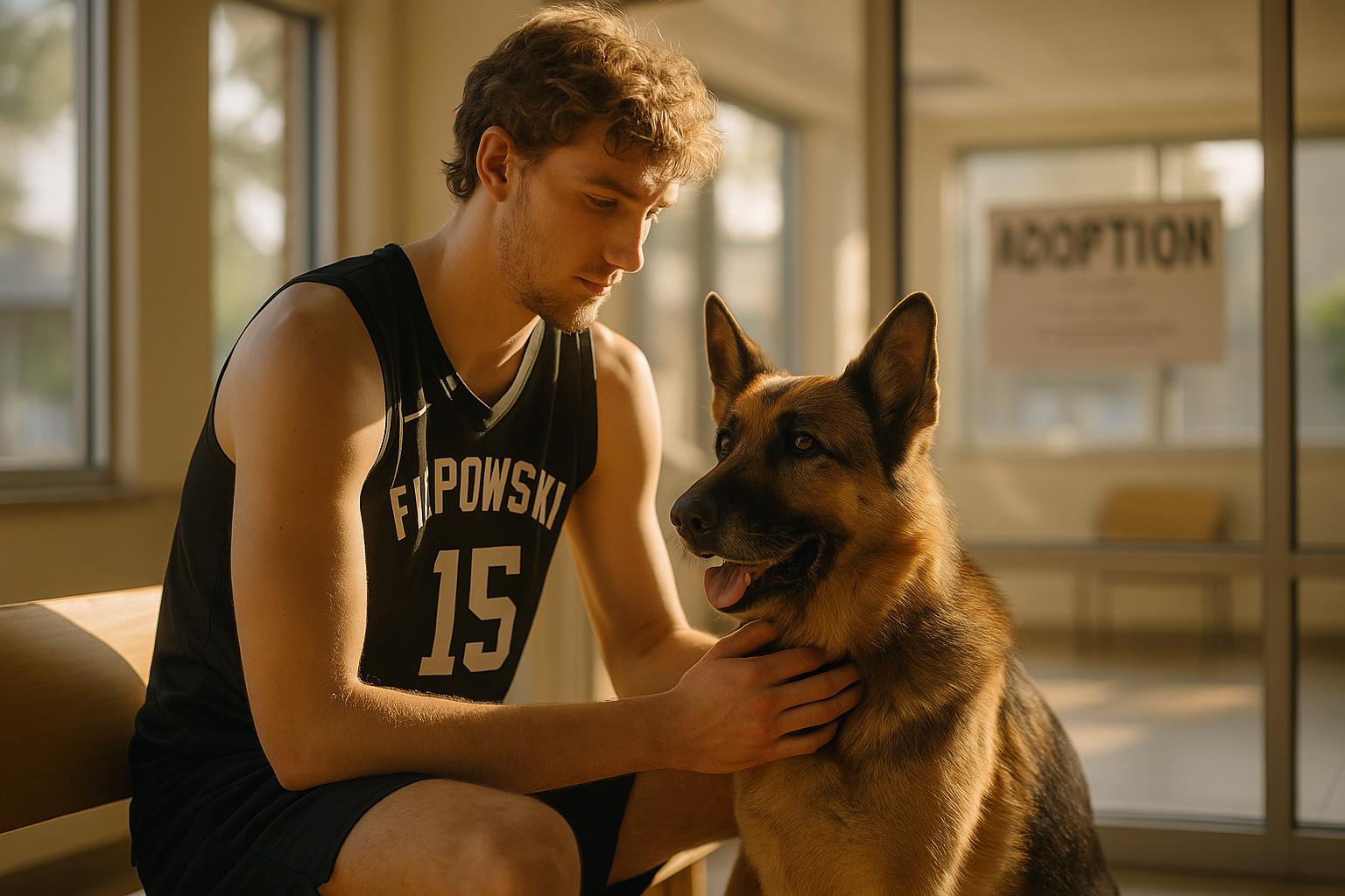 Kyle Filipowski seated in an adoption center holding Ace, an 8-year-old German shepherd, with soft sunlight and shelter interiors in the background.