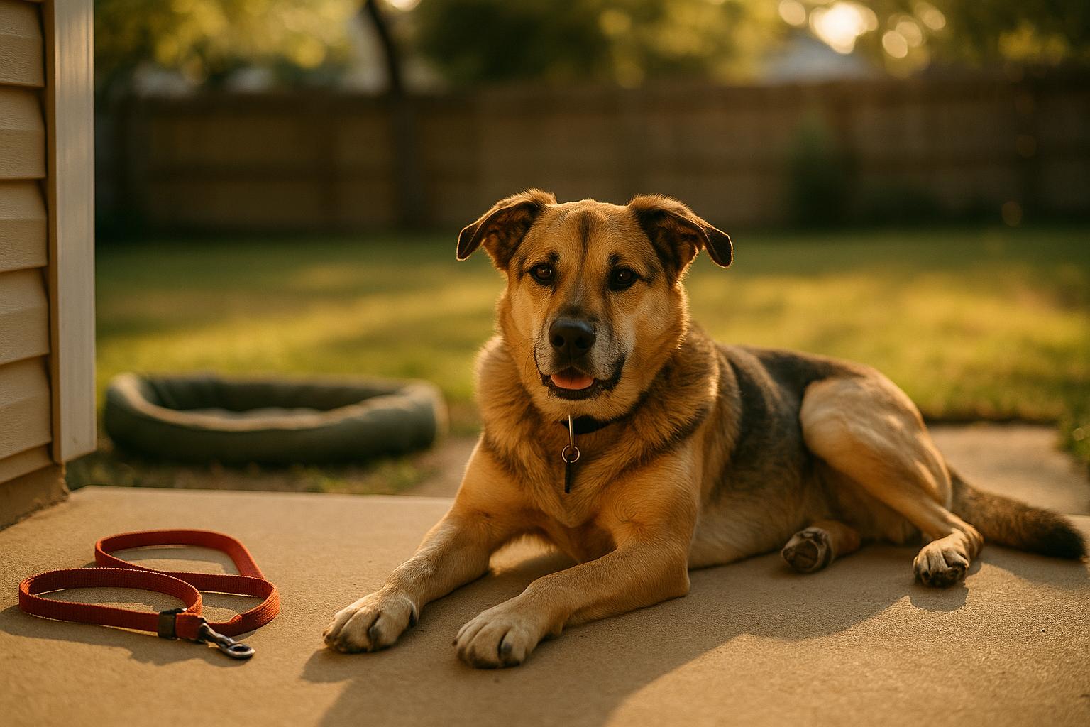 Medium-to-large mixed-breed dog resting on a front porch in golden hour light, representing holiday foster appeal