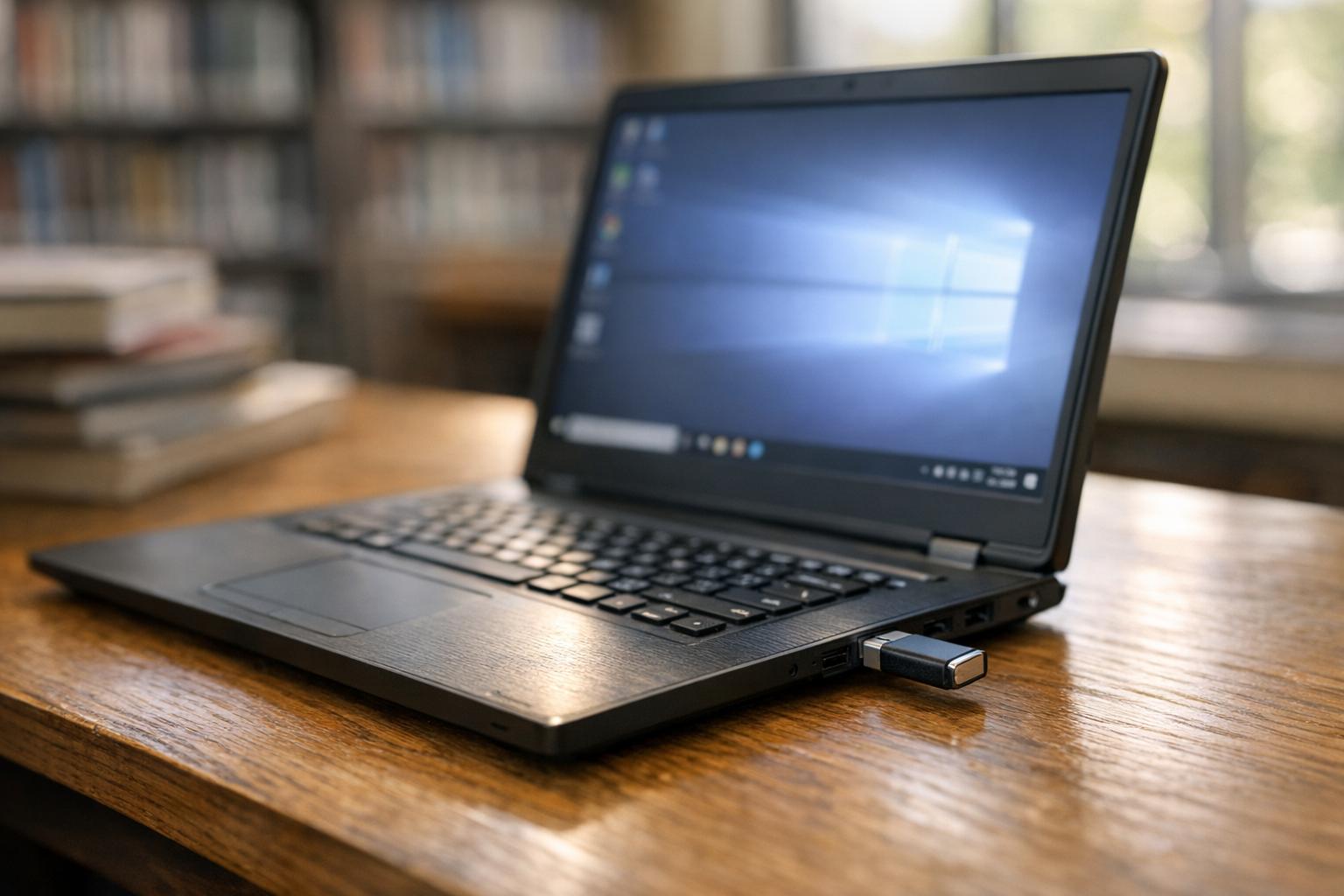 Loaner laptop at a library workstation with a USB flash drive plugged in, natural window light