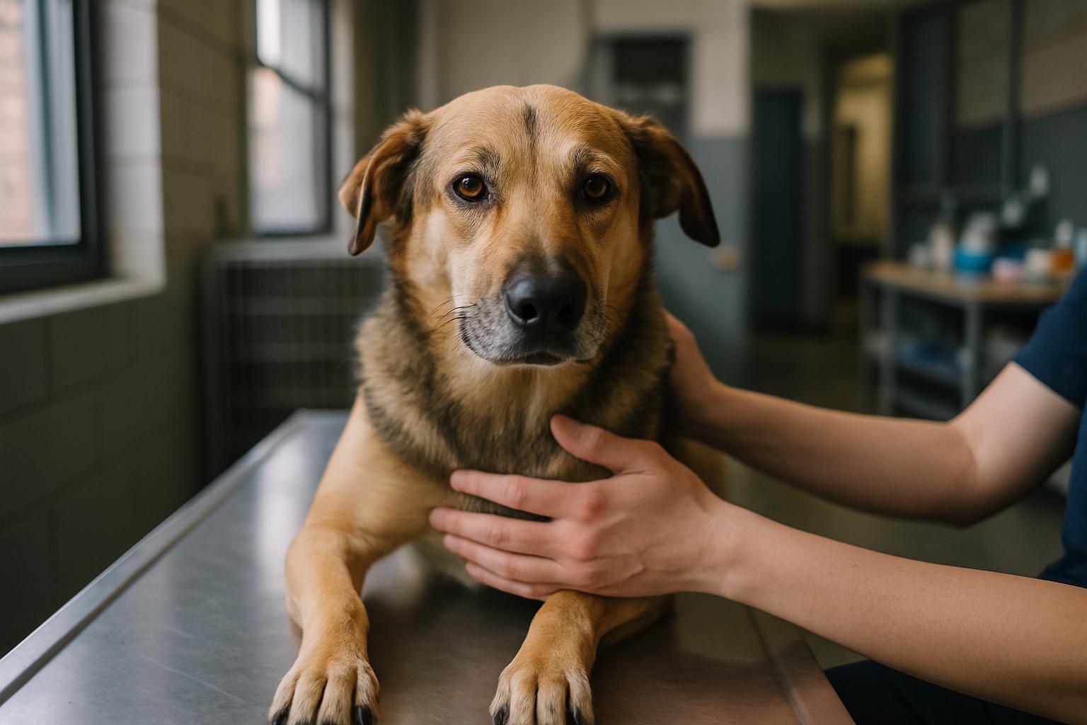 Mixed-breed rescue dog on an examination table at a shelter clinic, being gently held by staff