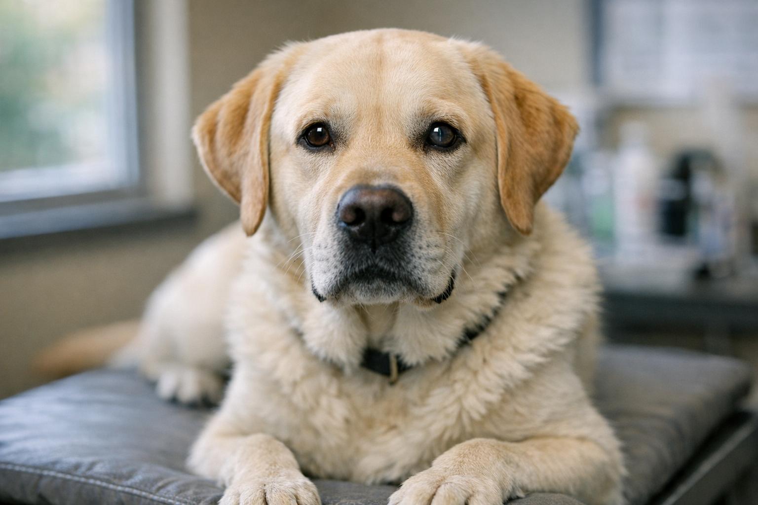 Close-up portrait of a yellow Labrador named Hatchet with a faint vertical line visible on the cornea, in a veterinary clinic setting.