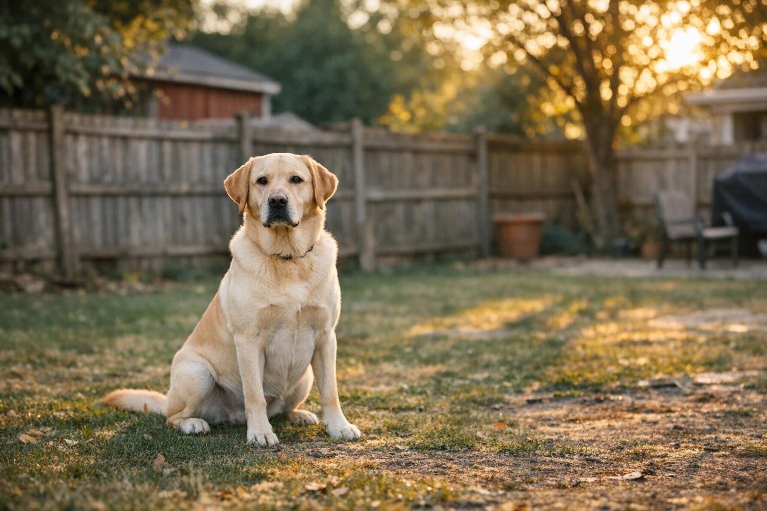 A Labrador retriever sitting in a suburban backyard at golden hour, leash off, attentive expression, photorealistic