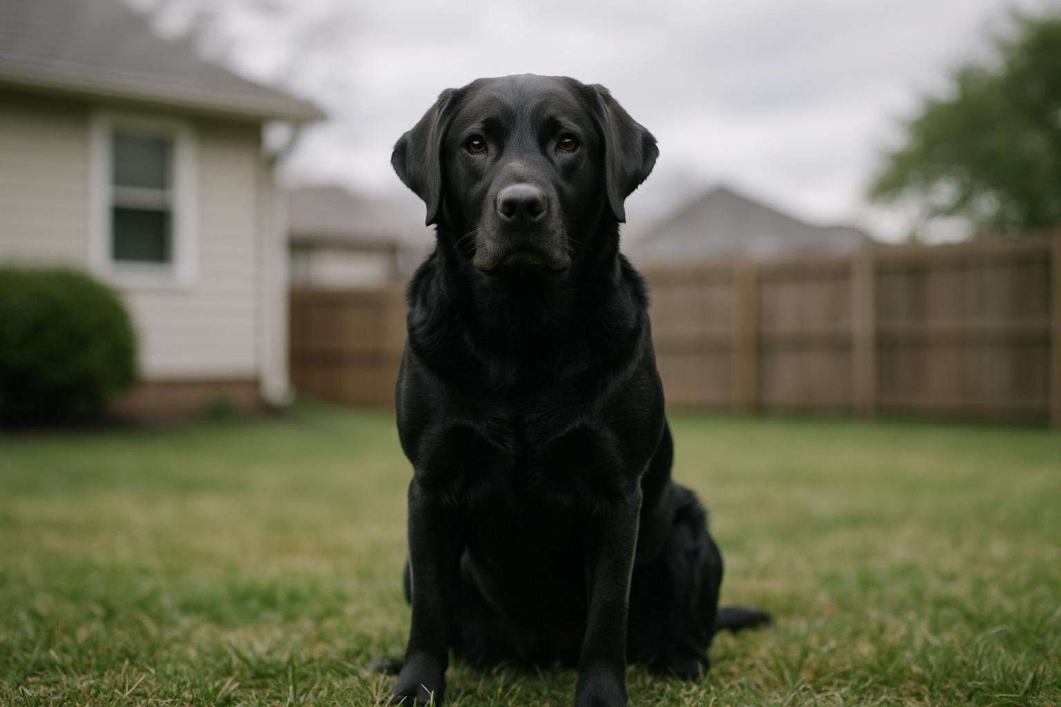 A black Labrador Retriever sitting in a suburban backyard under soft overcast light
