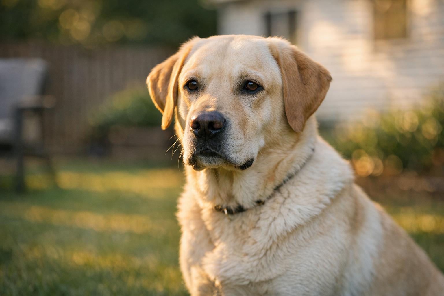 Labrador Retriever sitting in a suburban backyard at golden hour