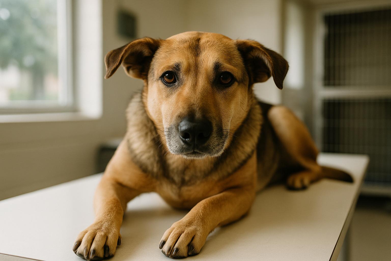 Mixed-breed dog resting calmly on a veterinary exam table in a shelter clinic.