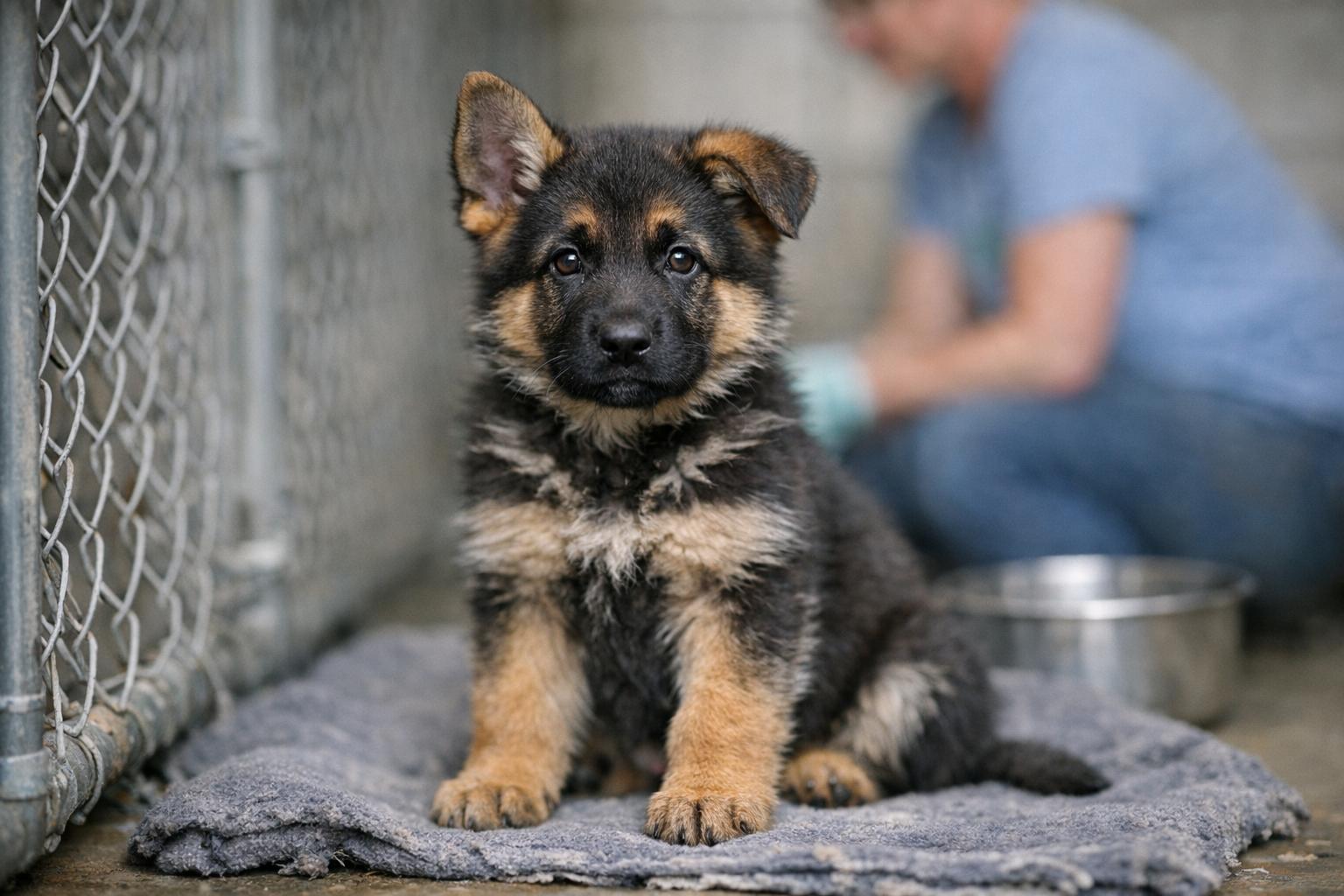 A German Shepherd puppy sitting in a shelter kennel with a blurred volunteer in the background