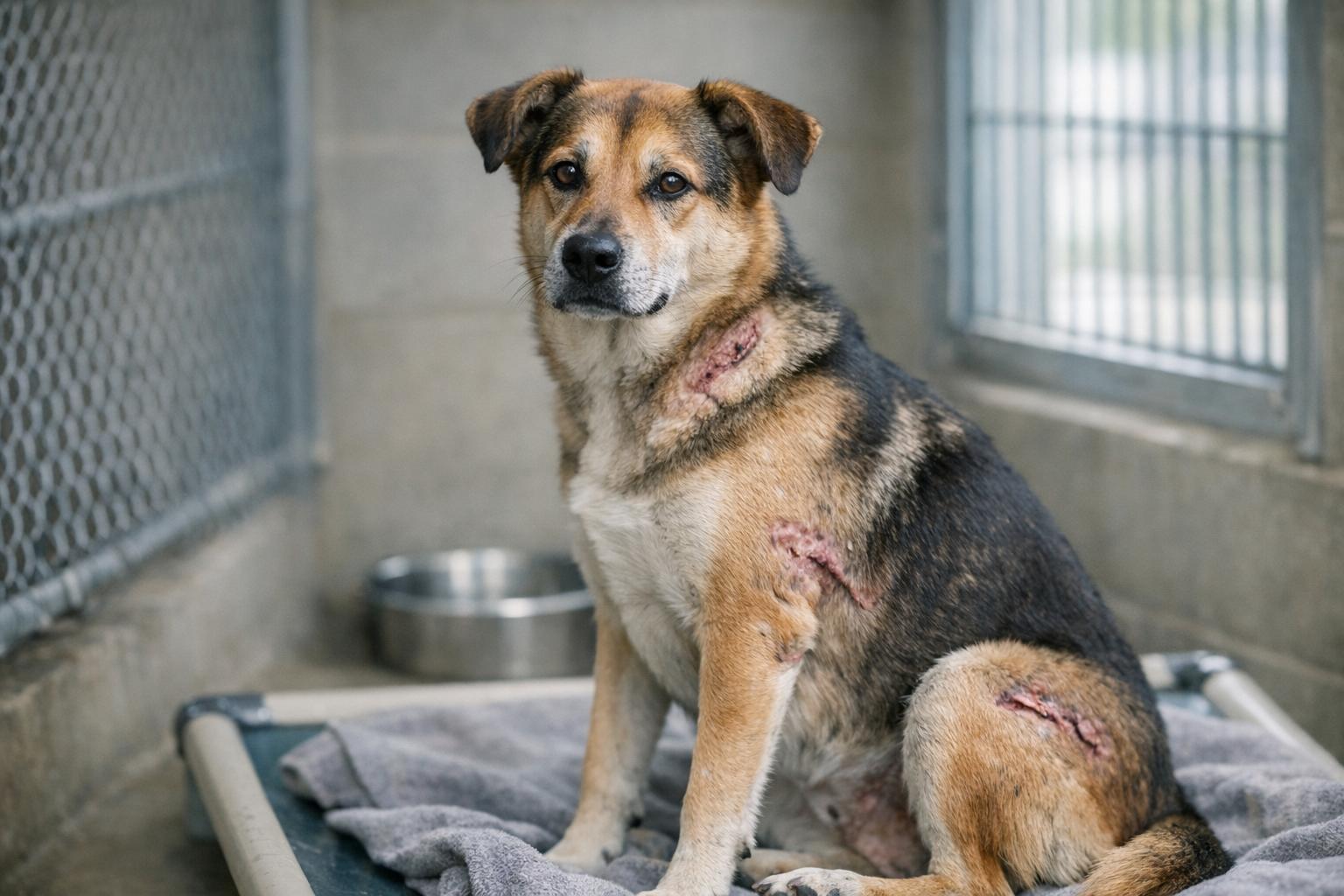 A mixed-breed dog with healed scars sitting in a clean shelter kennel, looking alert