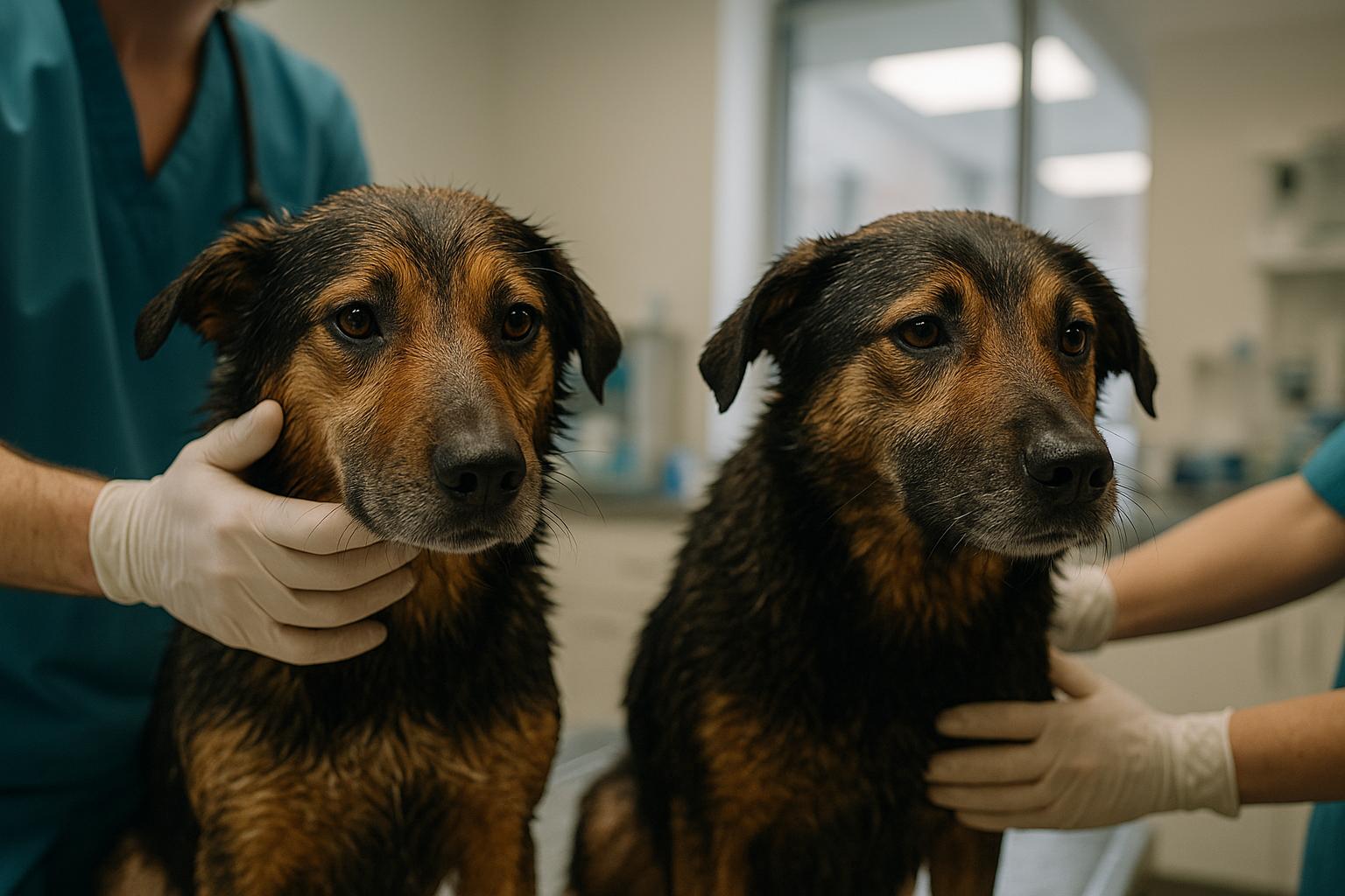 Two medium-sized mixed-breed dogs being examined in a clinic after an ice rescue