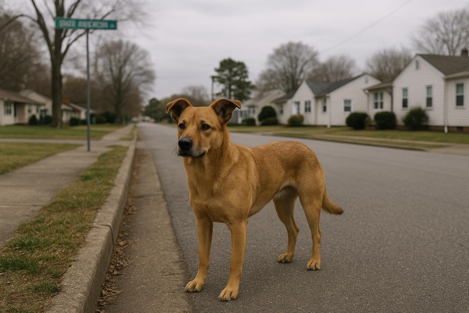 An off‑leash dog standing on a residential street near a curb on South Rosemont Road, healthy and alert in soft daylight.